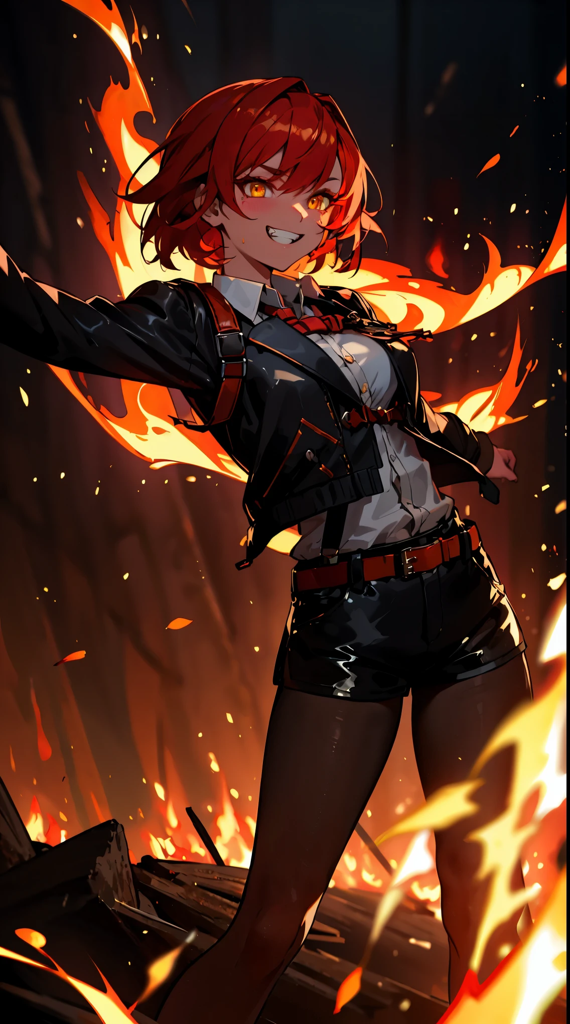 ((masterpiece)), best quality, 8k, high quality, high resolution, super detailed, ultra detailed, photorealistic, fiery and finely detailed face and eyes, ultra detailed and detailed skin texture, fiery eyes, perfect face, 1 girl, blazing red short hair, (fiery attire), flaming yellow eyes, medium breasts, (cropped jacket, black jacket), white shirt, collared shirt, (chest harness, black leather shorts, 7/8 pantyhose, shoulder (infernal aura), standing before a roaring bonfire, passionate expression, ((burning grin)), twilight, fiery landscape, crackling flames, intense atmosphere, (crackling embers), (dancing flames), since primordial times, Ignia, fiery eyes, background of blazing inferno.