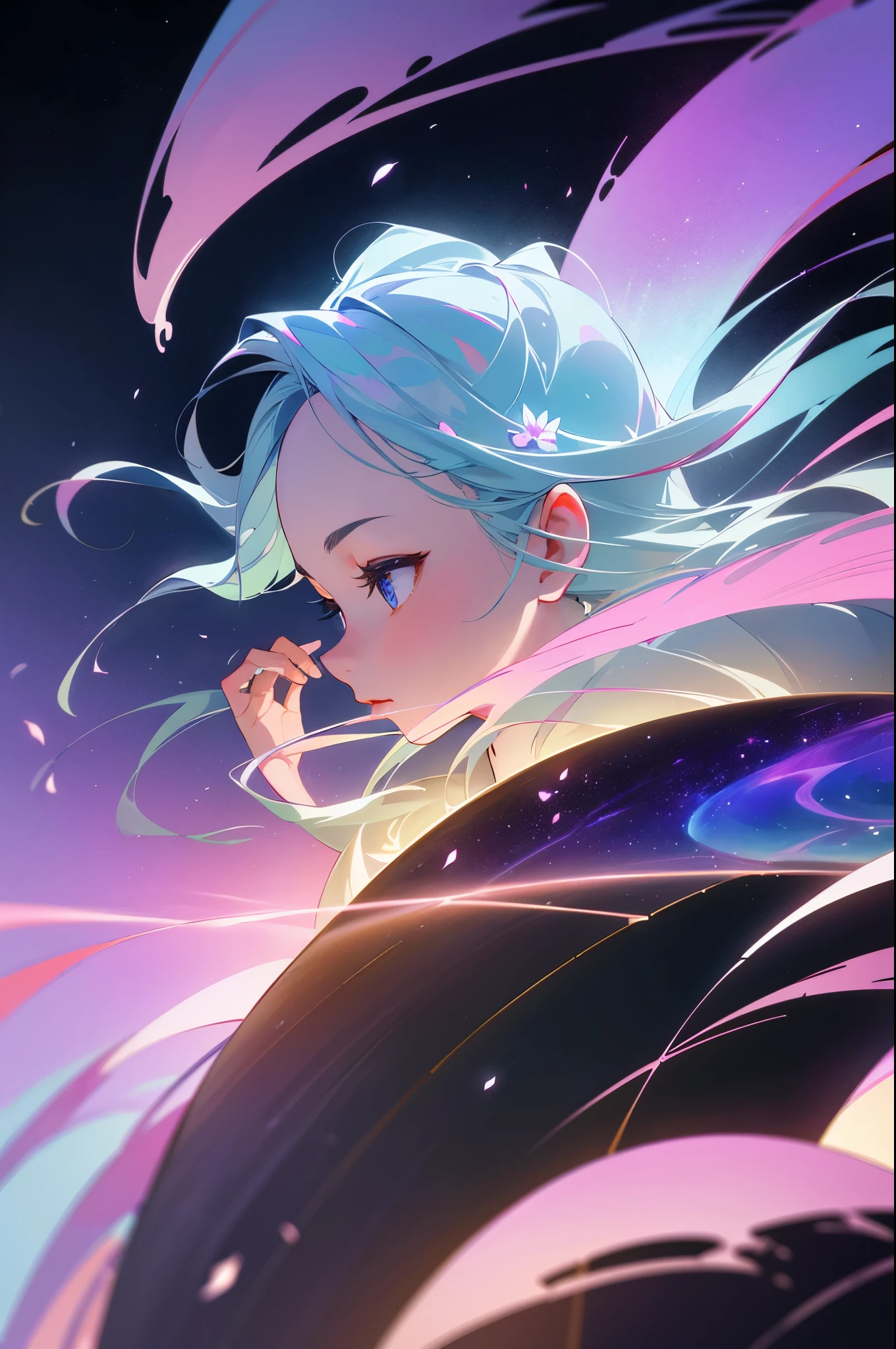 Enchanted, (hyper-realistic:1.2), 4k, 2k, masterpiece, exceptional quality, ultra-detailed, (absurd resolution), illustration. Aurora, an artificial intelligence artist, takes center stage in a frontal profile, with a meticulous focus on her digital face. Within a fantastical realm of algorithms and creativity, she brings to life extraordinary details, marrying the realms of digital anatomy and intricate expressions. A stunning eye detail (1.4) accentuates her extraordinary gaze, against a meticulously detailed night sky with a gentle atmosphere and magical elements. Digital petals float in a gentle breeze, softly illuminated by reflections and backlighting. Aurora adorns a modest attire, seamlessly blending into a celestial style, a nuanced portrayal within the mesmerizing realm of artificial intelligence and creativity."