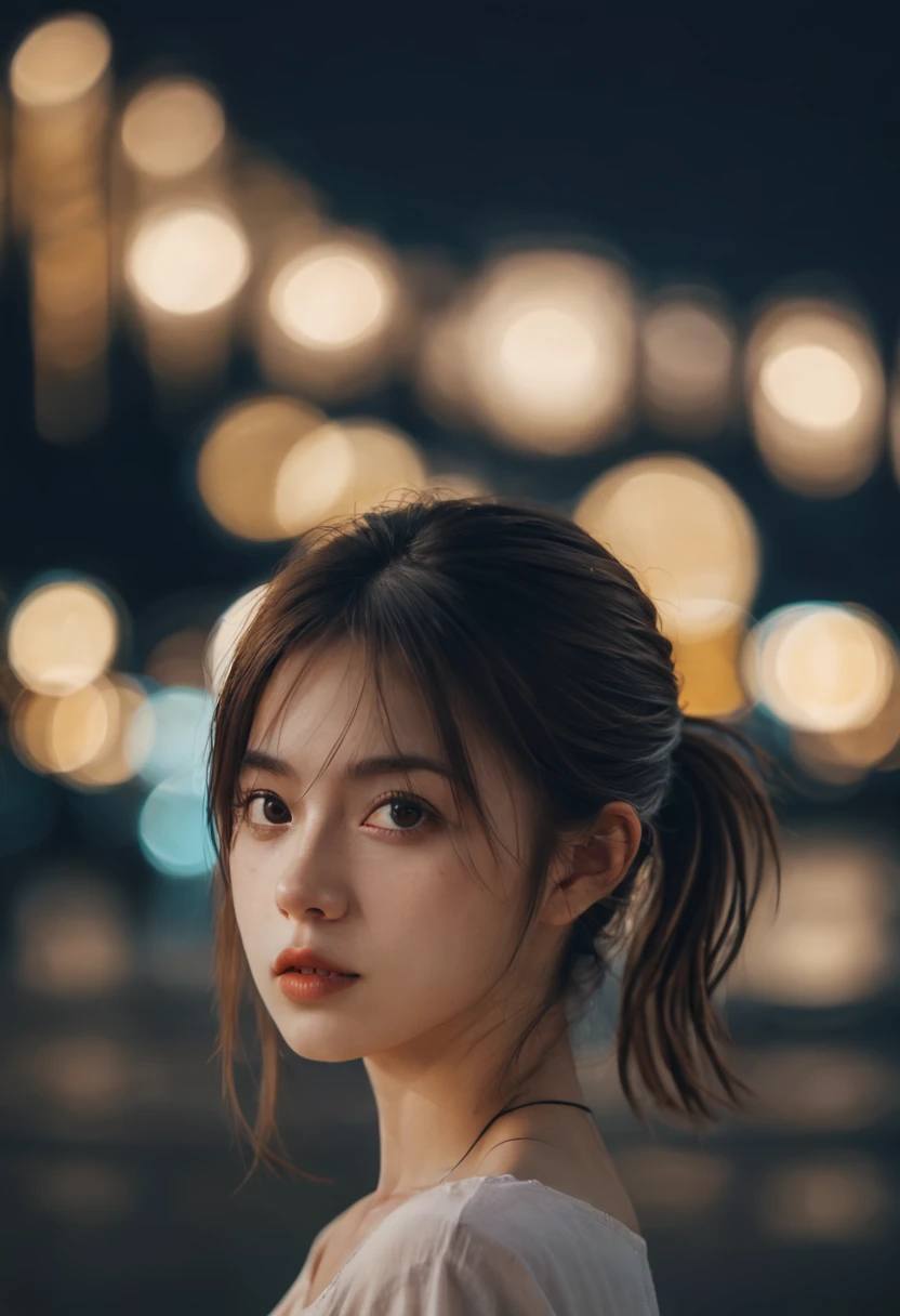 Aesthetic Portrait, 1fille,seulement, Cheveux courts,side ponytail, Bokeh, profondeur de champ, cinematic, nuit