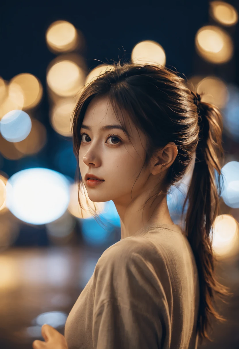 Aesthetic Portrait, 1fille,seulement, Cheveux courts,side ponytail, Bokeh, profondeur de champ, cinematic, nuit