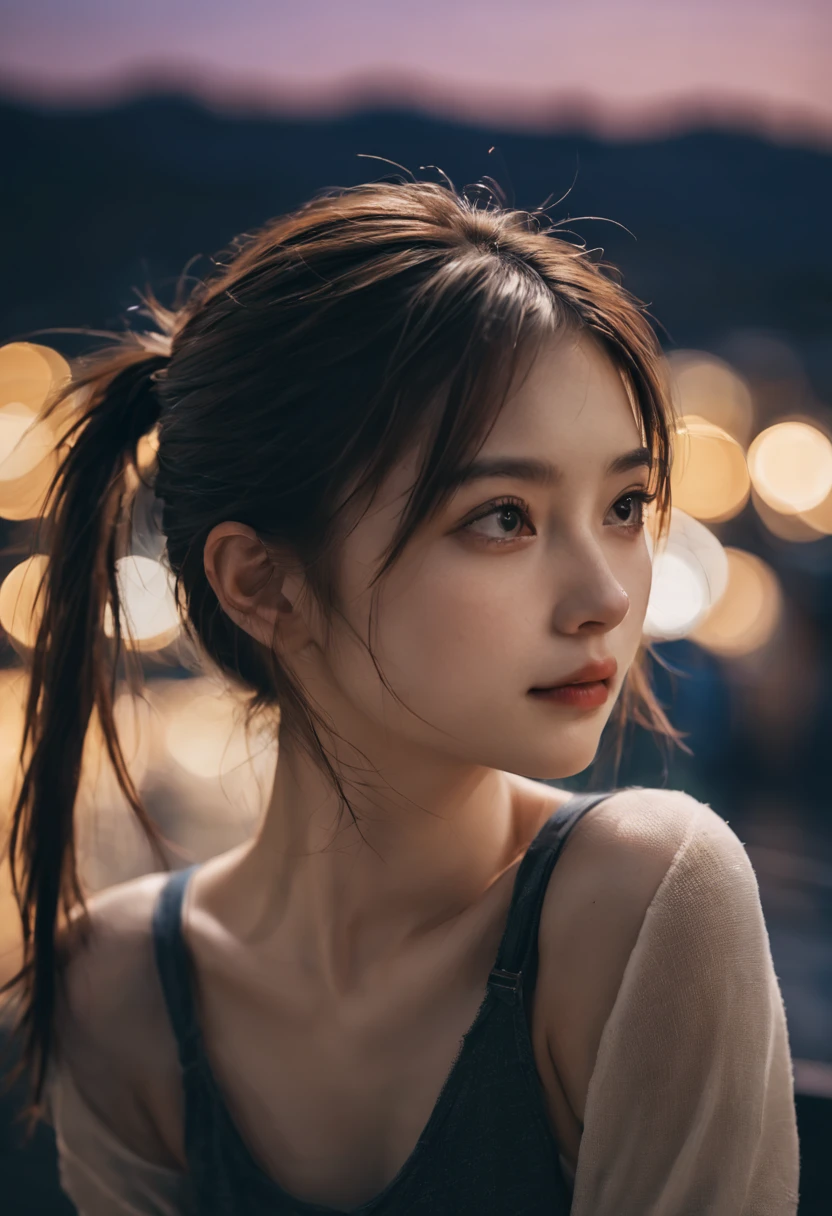 Aesthetic Portrait, 1fille,seulement, Cheveux courts,side ponytail, Bokeh, profondeur de champ, cinematic, nuit