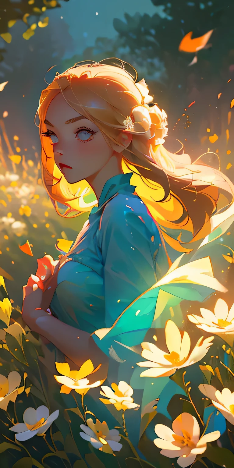 (Best Quality, masutepiece), 1girl in, Pose, Particle, Wind, flower, Upper body,  Background, Looking at Viewer, Focus on Face, Blonde,