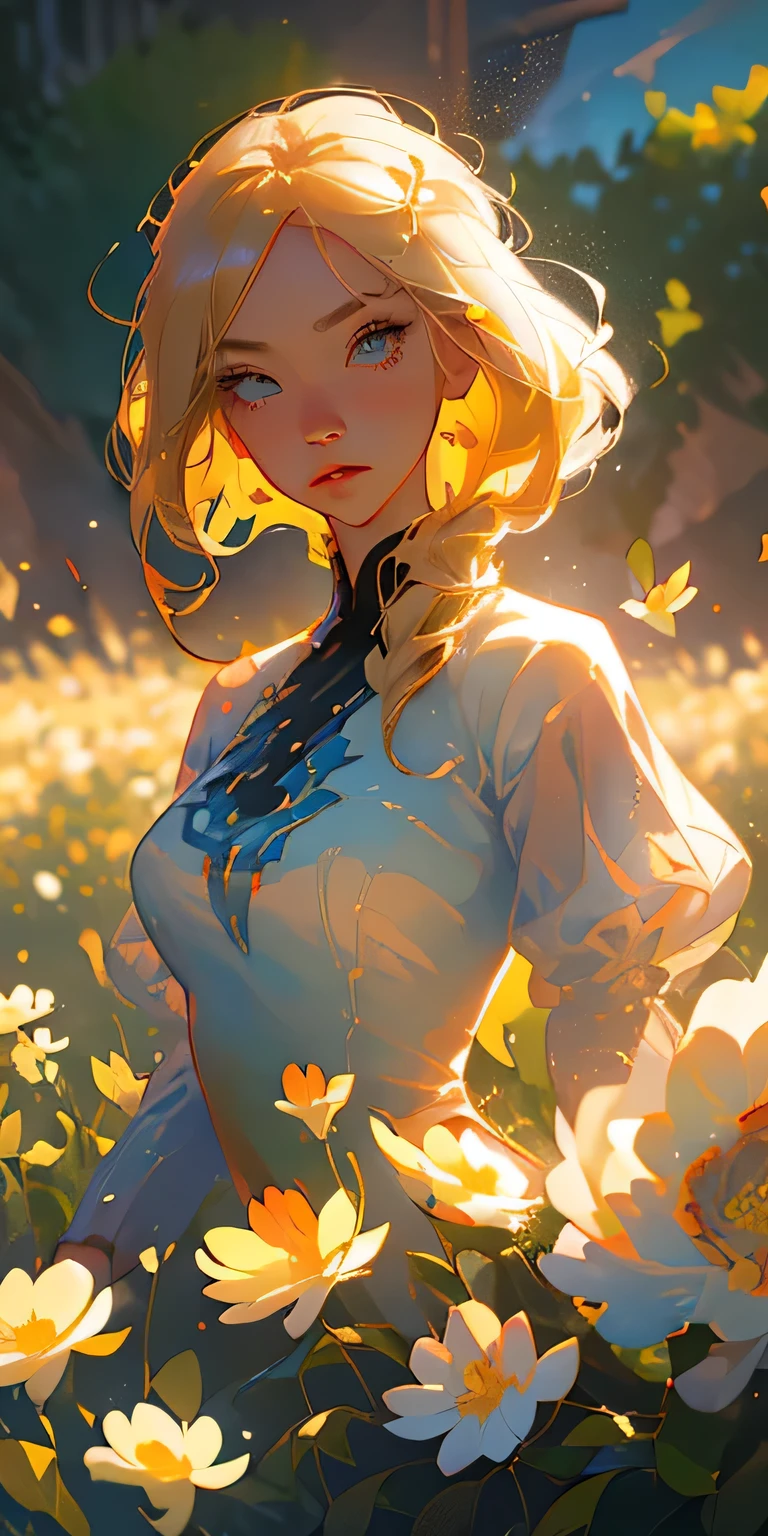 (Best Quality, masutepiece), 1girl in, Pose, Particle, Wind, flower, Upper body,  Background, Looking at Viewer, Focus on Face, Blonde,