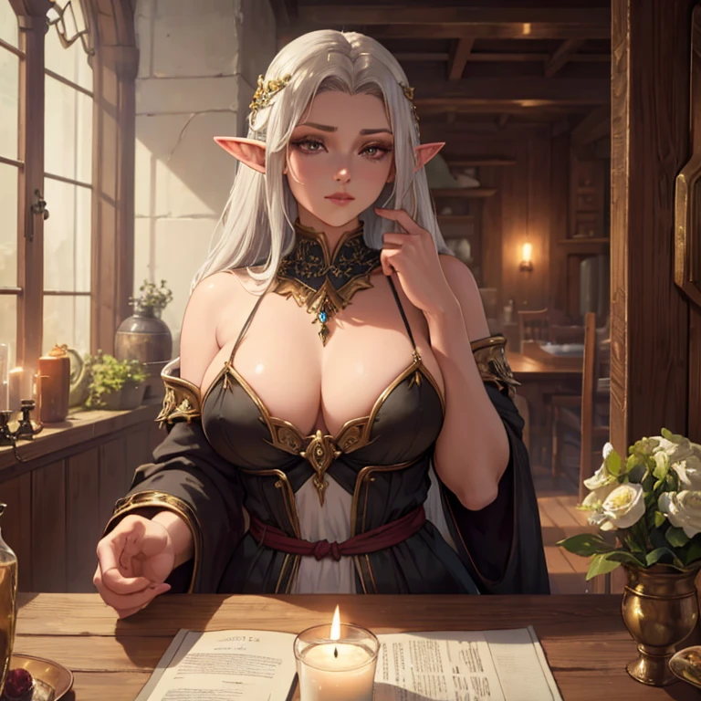 (best quality,4k,8k,highres,masterpiece:1.2), ultra-detailed, (realistic, photorealistic, photo-realistic:1.37), black hair, silver eyes, female elf, dim candlelight, tavern, fantasy, wood textures, cozy atmosphere, mystical aura, enchanting beauty, delicate elven features, flickering shadows, vibrant colors, medieval setting, magical ambience, ethereal presence, intricate details, soft lighting, alluring gaze.