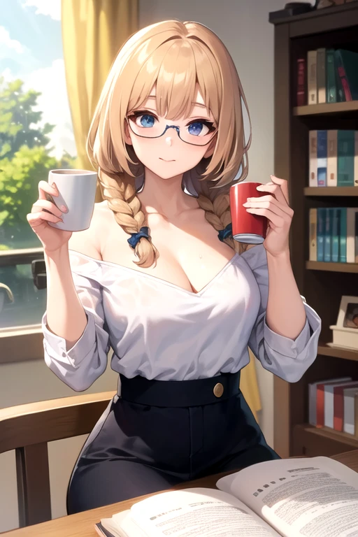 ((best quality)), ((master part)), (circunstanciado), rosto perfeito, garota de anime, loira, eyeglass, lendo livro, sipping coffee, braided low-cut blouse,