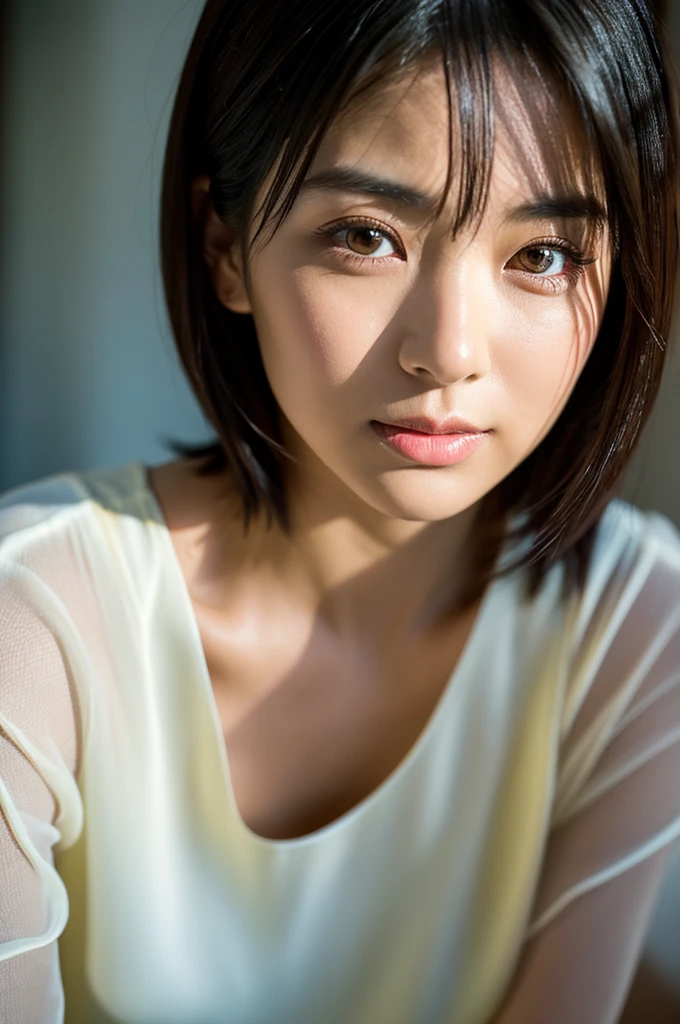 (8K、top-quality、​masterpiece:1.2)、(reallistic、photorealistic:1.2)（ultra-detailliert、hight resolution）(Slouched:1.3)、crouching down、(From  above:1.2)、（Kamimei）（Looking up）（Home front door）（Cut and sewn with loose chest area）Black business suit、OL、insurance sales girl、Smirk,Alafed Girl, chiho, iwakura lain, Close up iwakura lain, With short hair, Shiori Teshirogi, Kotegawa Yui, short-cut, She is 40 years old, sui ishida with black hair, lain iwakura, Beautiful woman - well-groomed face, Clear pubic contours,(Small breasts), hight resolution, ighly detailed, top-quality, [​masterpiece:1.6],, ighly detailed, nffsw, finely detail, top-quality, , Cinematographic lighting, 1womanl、beautiful japanese female、perfect body type、, Beautiful big eyes with sexy droopy eyes、Transcendent beauty　top-quality、​masterpiece、majicMIX Real、(Raw photography:1.2)、(photorealistic:1.4)、Negative Prompt