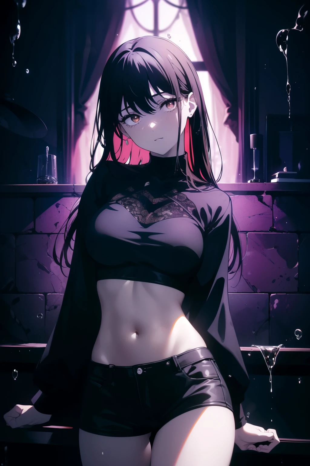 ((((Obra maestra, La mejor calidad, ultrahigh resolution)))), 1girl, happy, standing, black t-shirt, jean shortlack hair, dark black hair over eye:1), long hair cut, pale skin, ((brown eyes)), (glowing_eyes), (ultra detailed eyes:0.7, beautiful and detailed face, detailed eyes:0.9), ((centered)), ((over joyed expression)), ((wide shot)), facing viewer, (((indoor part, purple and black lights, black dancing silhouettes:0.9, rave:1))), medium breasts, looking at viewer, ((half closed eyes)), ((perfect hands)), (((head:1, arms, hips in view, elbows, thighs, in view))), ((hands at sides)), lively eyes, beautiful lighting, outside, outdoors, background, defined subject, 25 years old, (head tilt), (((cool))), ((lively)), (((splash)))