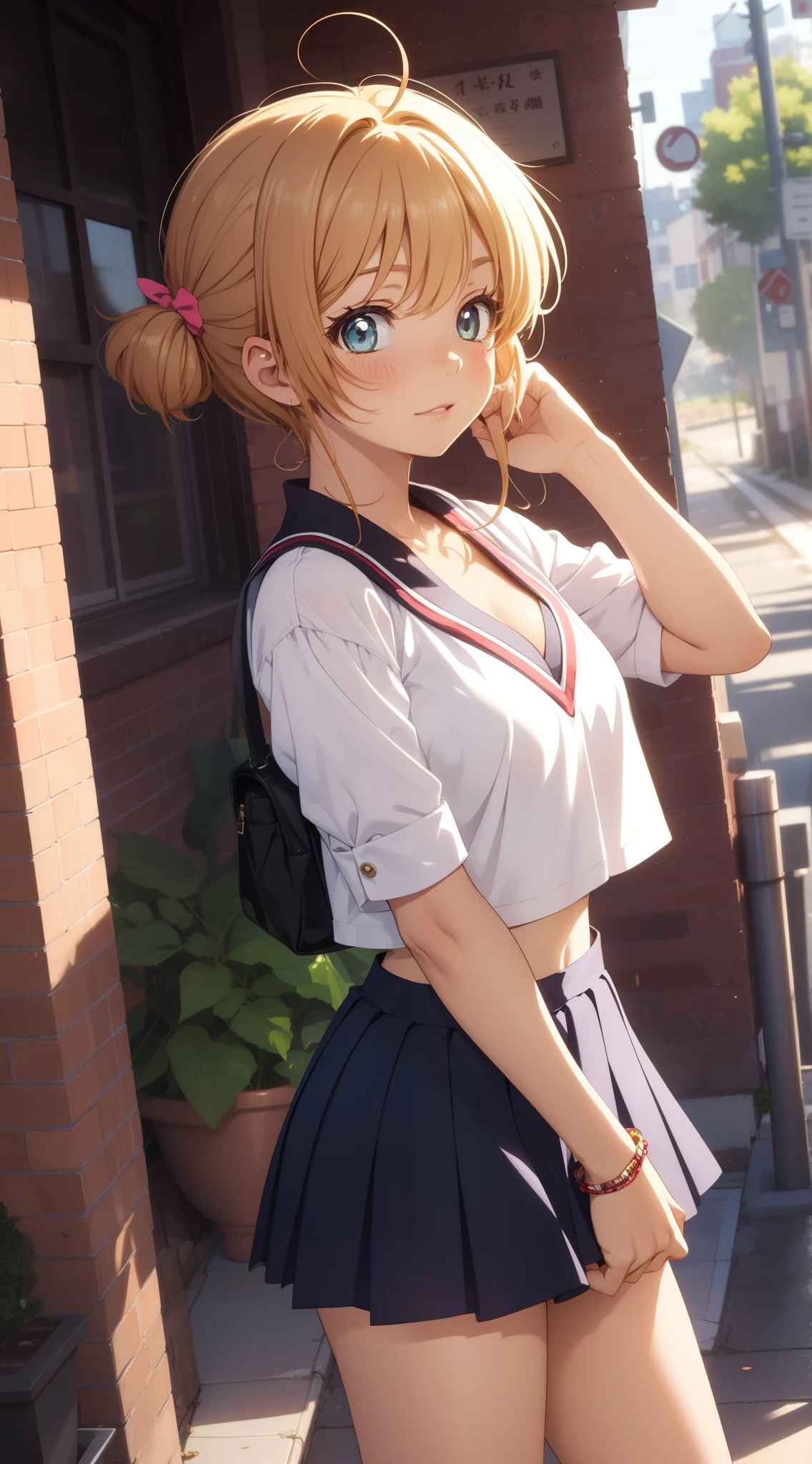 masterpiece, best quality, highres, perfect pixel, depth of field, 1girl, single, solo, beautiful anime girl, beautiful artstyle, (detailed face), (blush), anime CG style, (medium breasts), good lighting, perfect body, lips parted, (sakura kinomoto), glossy lips, school, cheerleader, cleavage, midriff, hand on hip