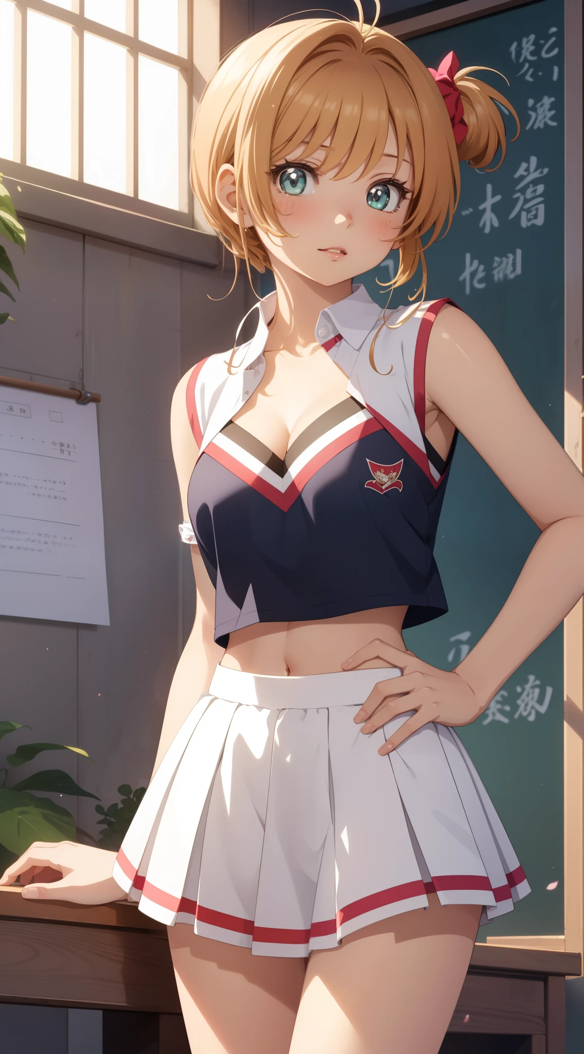 masterpiece, best quality, highres, perfect pixel, depth of field, 1girl, single, solo, beautiful anime girl, beautiful artstyle, (detailed face), (blush), anime CG style, (medium breasts), good lighting, perfect body, lips parted, (sakura kinomoto), glossy lips, school, cheerleader, cleavage, midriff, hand on hip