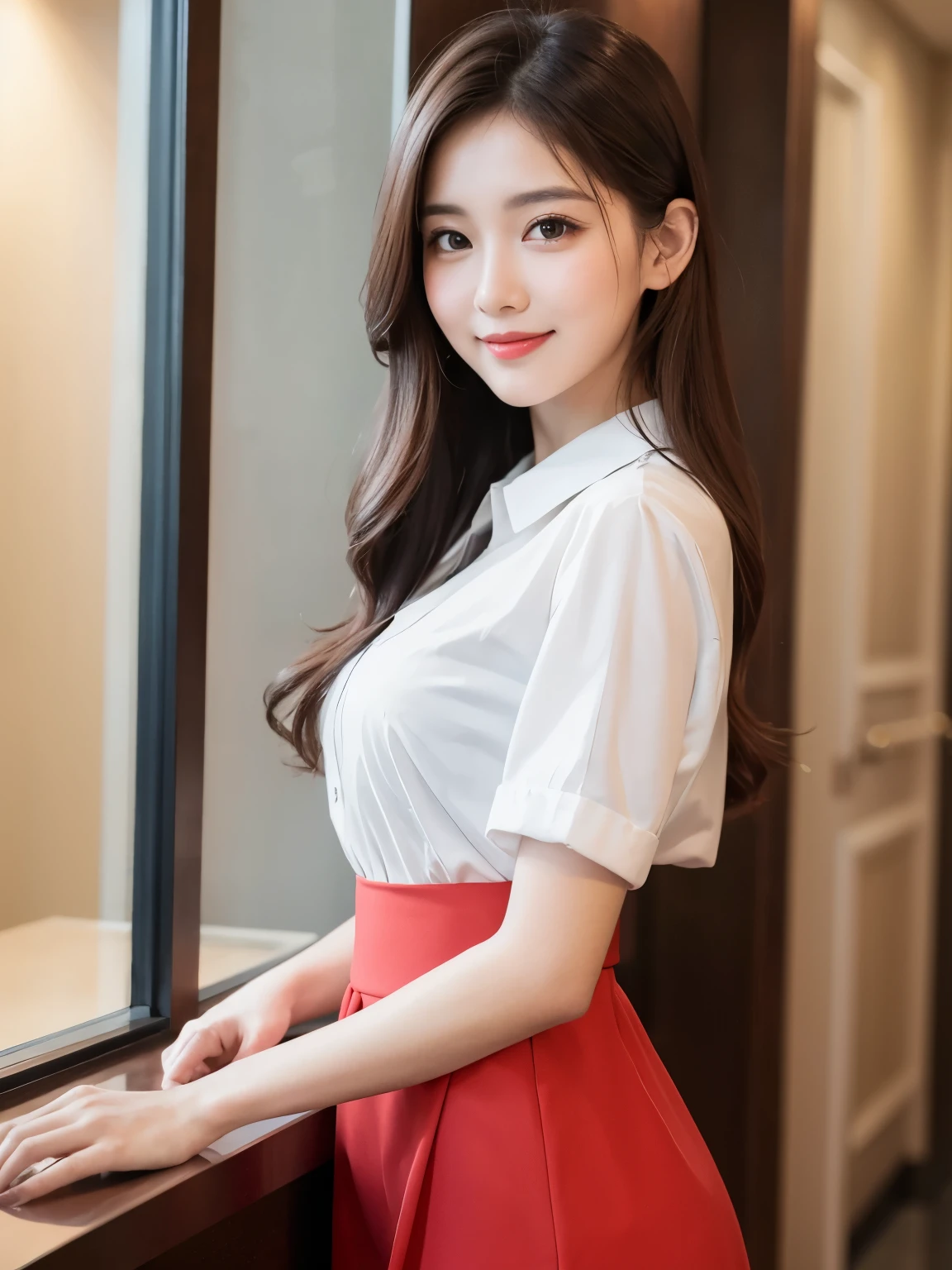 ((Top quality, 8K, Masterpiece: 1.3)), Beautiful girl, Pure, Melon face, Kind and cute, Sweet smile, Pure desire, Slender body, (Front), (Tilted head), ((Looking at camera) ), wearing a blue casual suit, skirt, long straight hair, long flowing shoulders, clear big eyes, moist red lips, sweet, standing, hotel reception background, (waist shot),