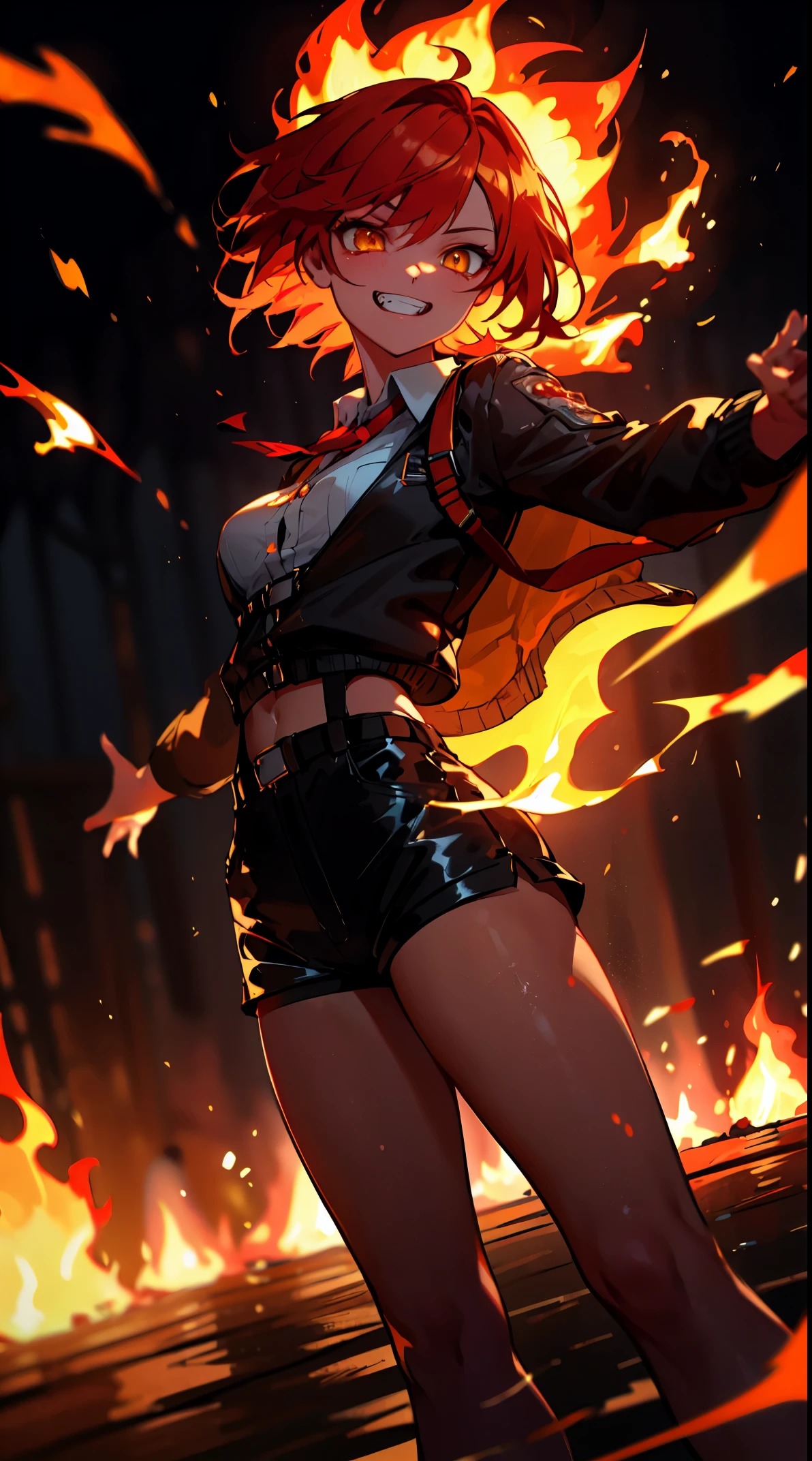 ((masterpiece)), best quality, 8k, high quality, high resolution, super detailed, ultra detailed, photorealistic, fiery and finely detailed face and eyes, ultra detailed and detailed skin texture, fiery eyes, perfect face, 1 girl, blazing red short hair, (fiery attire), flaming yellow eyes, medium breasts, (cropped jacket, black jacket), white shirt, collared shirt, (chest harness, black leather shorts, 7/8 pantyhose, shoulder (infernal aura), standing before a roaring bonfire, passionate expression, ((burning grin)), twilight, fiery landscape, crackling flames, intense atmosphere, (crackling embers), (dancing flames), since primordial times, Ignia, fiery eyes, background of blazing inferno.