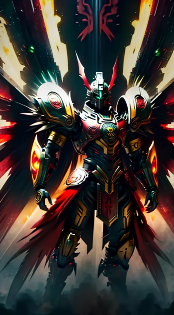 Armor, Man, Aztec Style, God Quetzalcoatl, that the armor has a design inspired by Quetzalcoatl, with a closed helmet, that the helmet is shaped like a snake's head, that the armor has green scales on the sides, that the part of the In front of the armor it is yellow, it does not have large shoulder pads, With red feathers coming out of the neck of the armor, it has wooden details, there is an Aztec pyramid in the background, the sun is in the background, with good quality, with good lighting, that he is standing, full body, that the armor is in an epic pose with his arms extended.