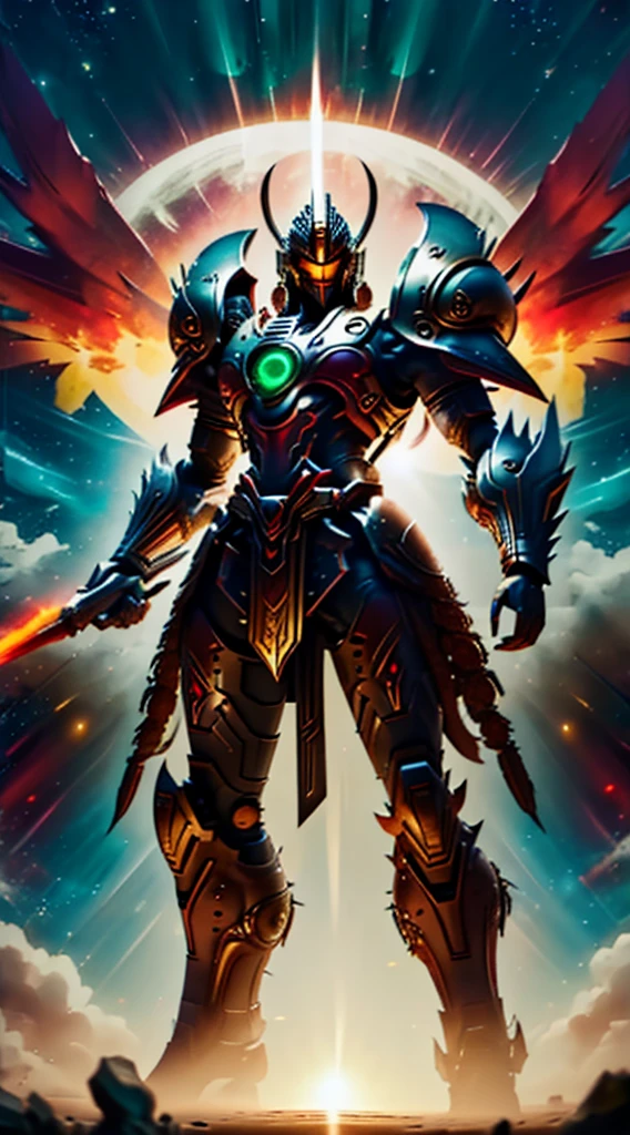 Armor, Man, Aztec Style, God Quetzalcoatl, that the armor has a design inspired by Quetzalcoatl, with a closed helmet, that the helmet is shaped like a snake's head, that the armor has green scales on the sides, that the part of the In front of the armor it is yellow, it does not have large shoulder pads, With red feathers coming out of the neck of the armor, it has wooden details, there is an Aztec pyramid in the background, the sun is in the background, with good quality, with good lighting, that he is standing, full body, that the armor is in an epic pose with his arms extended.