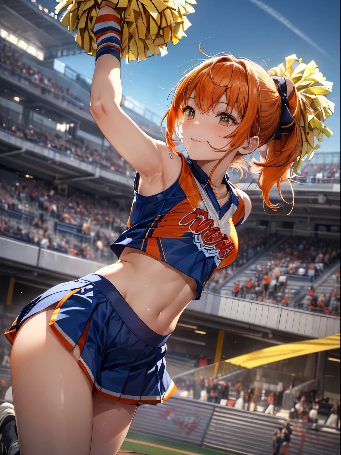 top-quality、Full limbs、complete fingers、Slender beauty、1人の女性、(((orange hair woman:1.5)))、Dark blue bloomers、Woman in a ponytail、cheer girl、Beauty busty woman、(((cheer girl衣装:1.5)))、(((woman spreading her arms out to the side)))、A big smile、Baseball Stadium Grounds、all-fours、Composition seen from behind