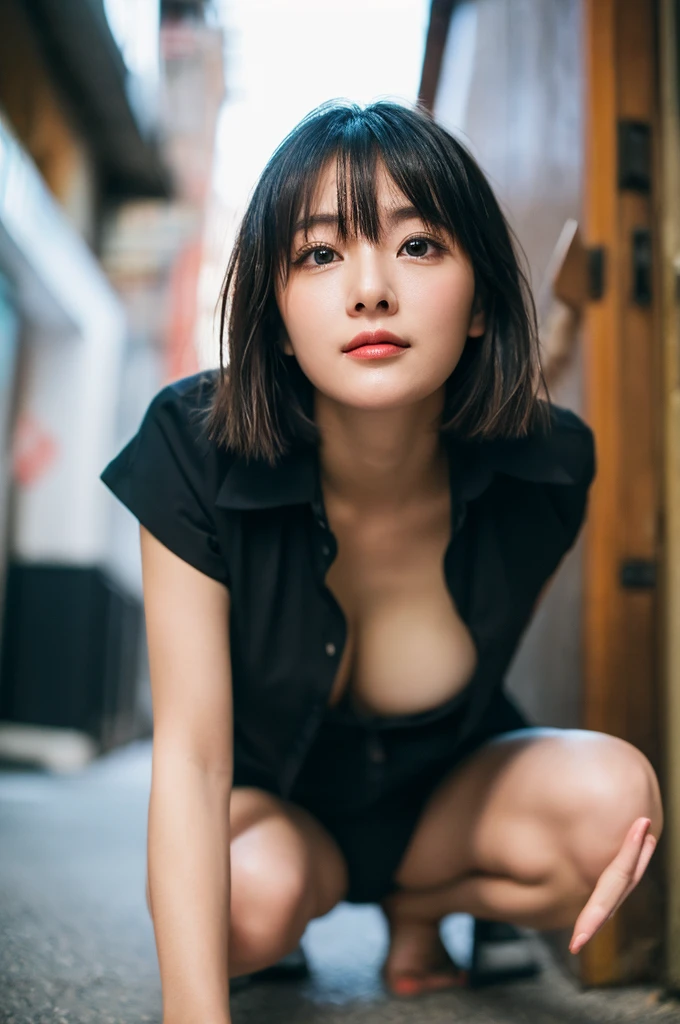 (8K、top-quality、​masterpiece:1.2)、(reallistic、フォトreallistic:1.2)（ultra-detailliert、hight resolution）(Slouched:1.3)、crouching down、(From  above:1.2)、（Kamimei）（Looking Up）（Home front door）（full bodyesbian）（Cut and sewn with loose chest area）Black business suit、OL、insurance sales girl、Smirk,Alafed Girl, chiho, iwakura lain, クローズアップiwakura lain, With short hair, Shiori Teshirogi, Kotegawa Yui, short-cut, She is 40 years old, sui ishida with black hair, lain iwakura, Beautiful woman - well-groomed face, Clear pubic contours,(Small breasts), hight resolution, ighly detailed, top-quality, [​masterpiece:1.6],, ighly detailed, nffsw, finely detail, top-quality, , Cinematographic lighting, 1womanl、beautiful japanese female、perfect body type、, Beautiful big eyes with sexy droopy eyes、Transcendent beauty　top-quality、​masterpiece、majicMIX Real、(Raw photography:1.2)、(フォトreallistic:1.4)、Negative Prompt