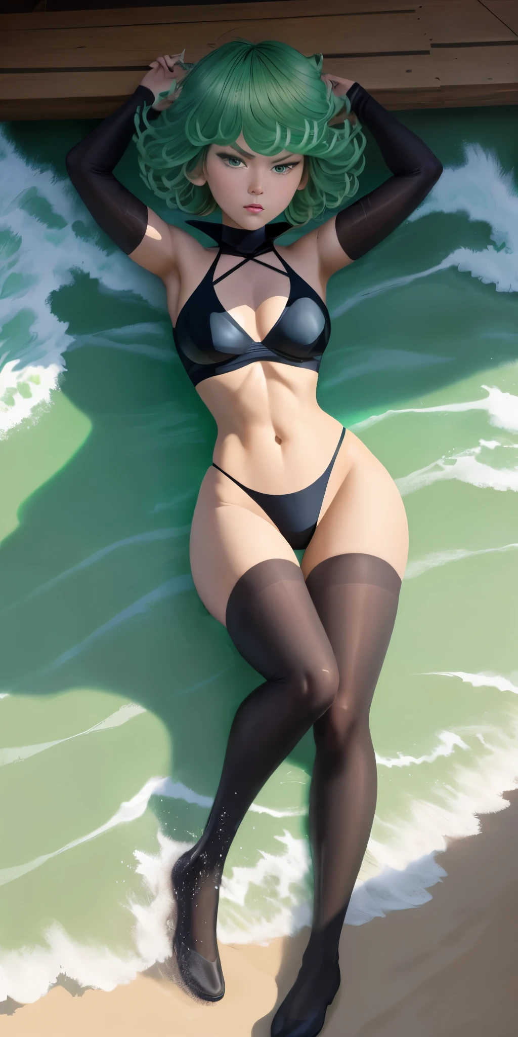 Chica de anime acostada en una cama con una botella de cerveza, Tatsumaki de One Punch Man, Tatsumaki, Tatsumaki con cabello verde rizado, en una playa, Fanart de alta calidad, en la playa, Tendencias en ArtStation Pixiv, Guweiz en Pixiv Artstation, Fanart exquisito altamente detallado, Artgerm extremadamente detallado, Arte Zerochan,bikini ajustado,sentado,piernas cruzadas.