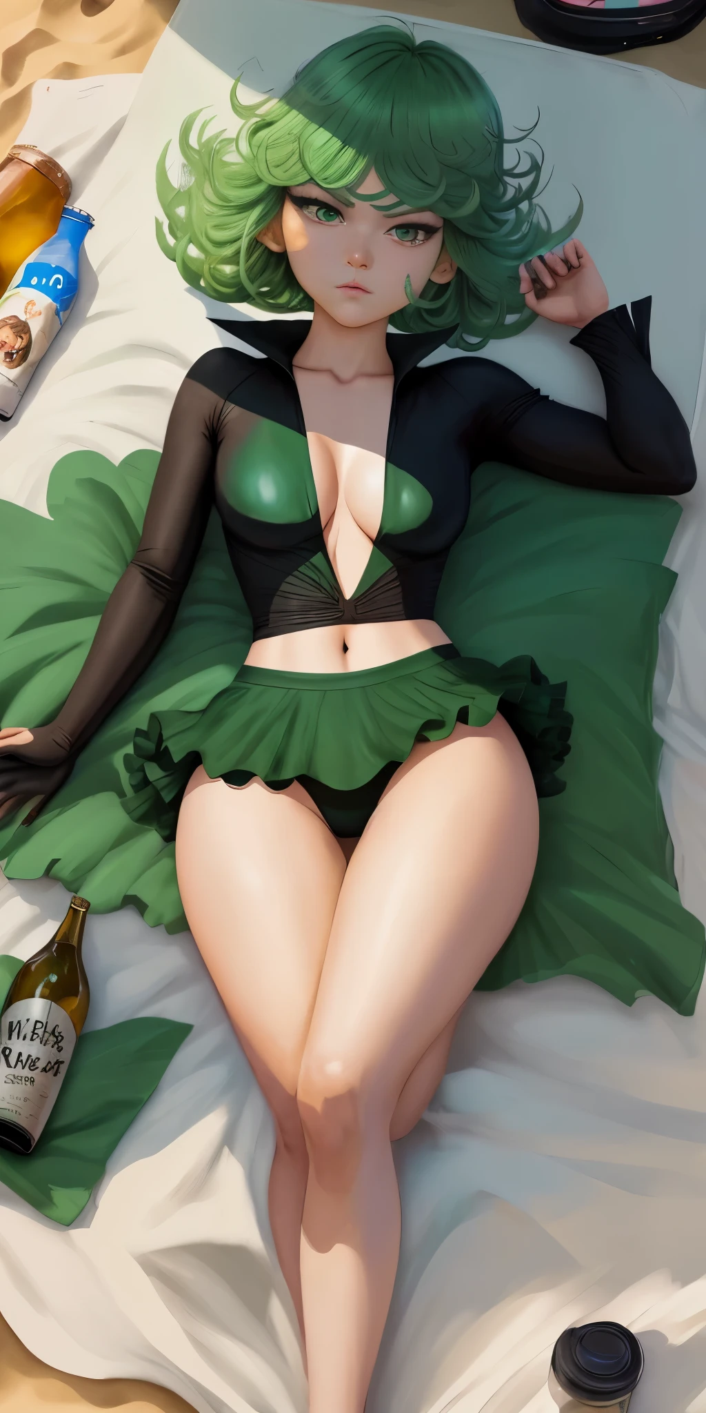 Chica de anime acostada en una cama con una botella de cerveza, Tatsumaki de One Punch Man, Tatsumaki, Tatsumaki con cabello verde rizado, en una playa, Fanart de alta calidad, en la playa, Tendencias en ArtStation Pixiv, Guweiz en Pixiv Artstation, Fanart exquisito altamente detallado, Artgerm extremadamente detallado, Arte Zerochan,bikini ajustado,sentado,piernas cruzadas.