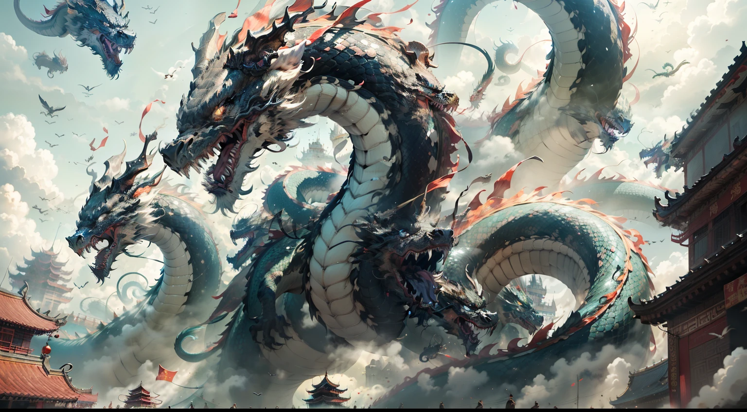 (hyper HD, A high resolution, Best quality at best, super detailing),(without humans,Nine Chinese black dragons soar into the sky,Behind the ornate hanging palace) ,air castle,chinesedragon