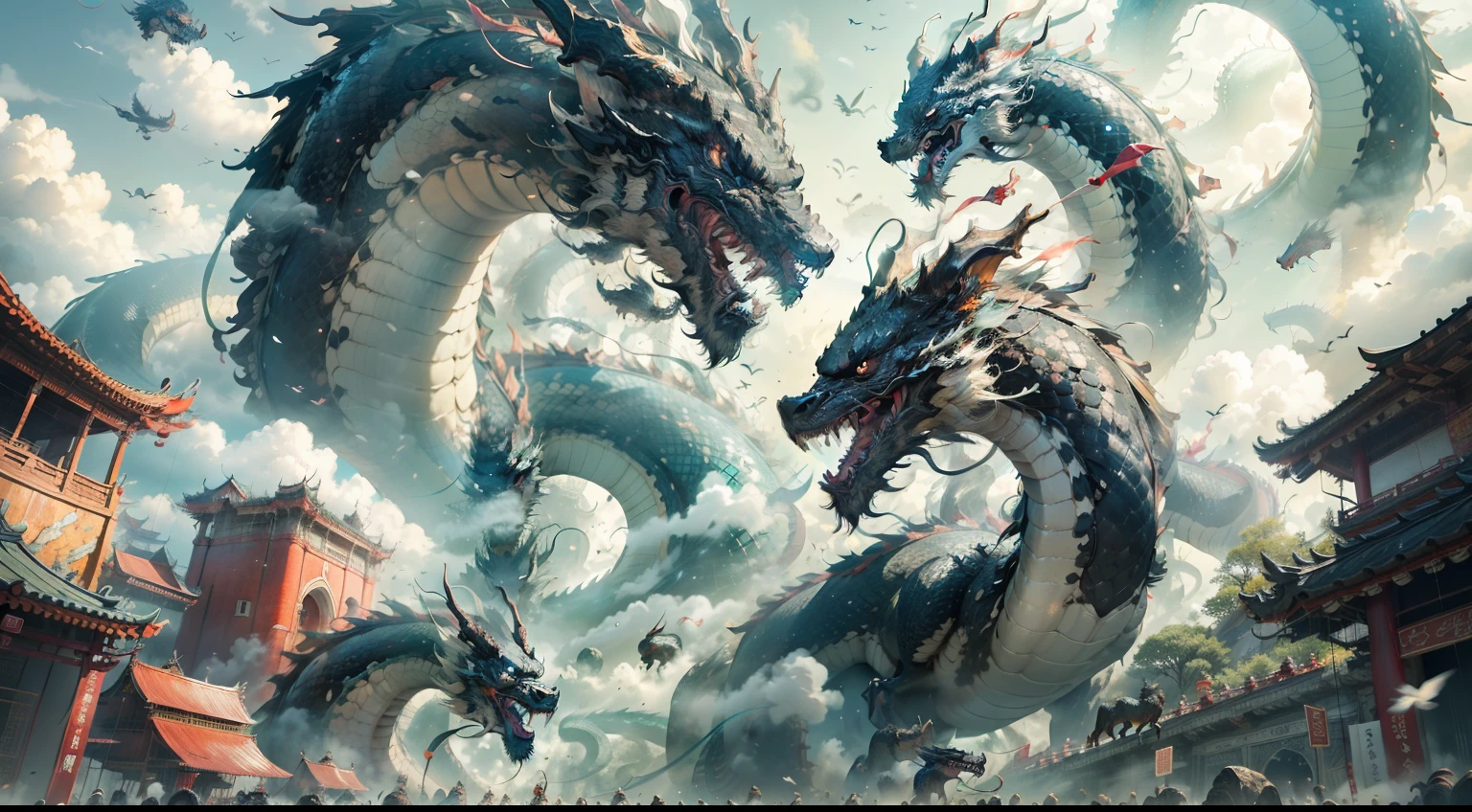 （hyper HD, A high resolution, Best quality at best, super detailing），(without humans，Nine Chinese black dragons soar into the sky，Behind the ornate hanging palace) ，air castle,chinesedragon