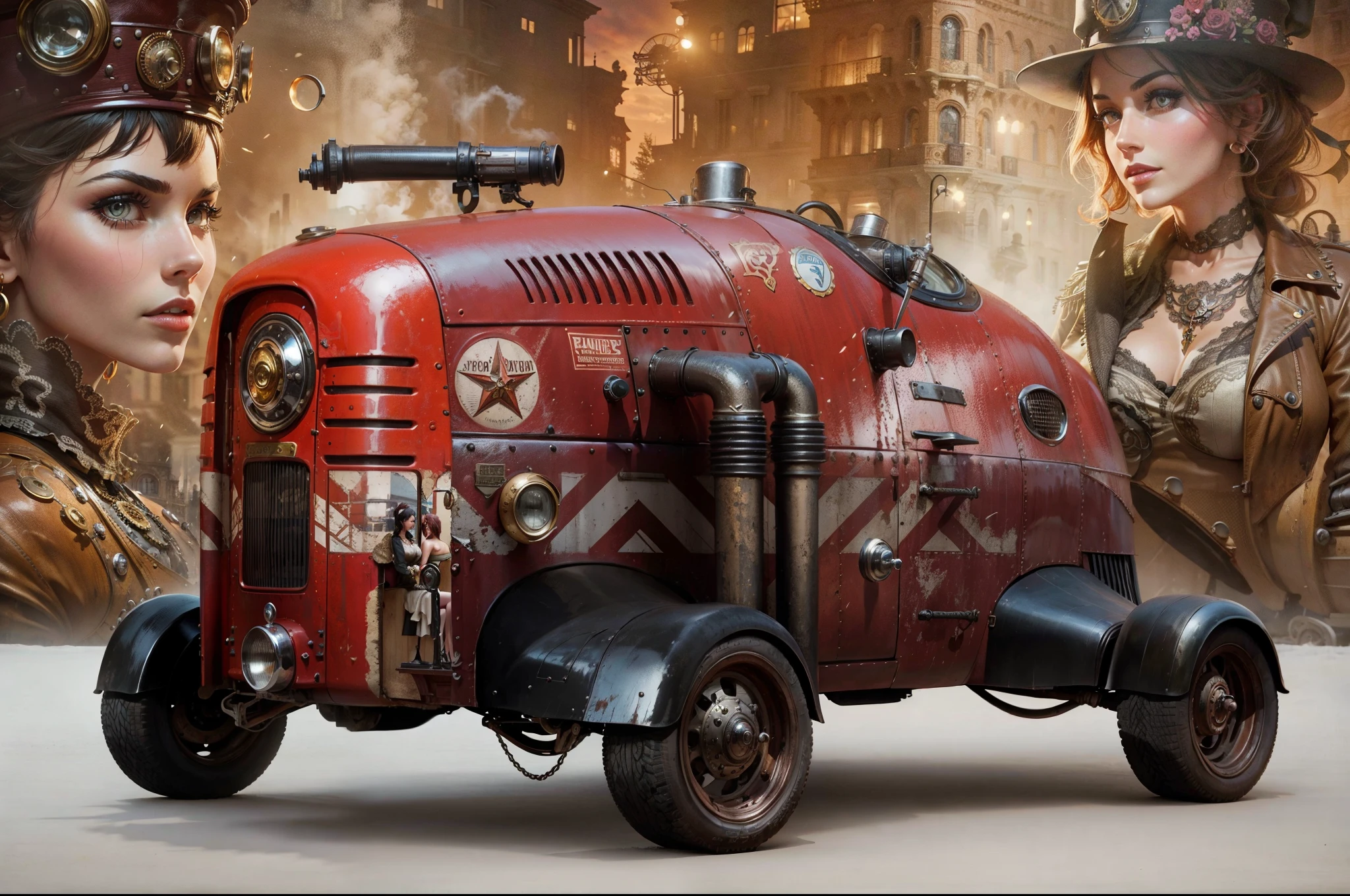 Vintage car in the foreground with two beautiful steampunk women in the background in front of steampunk buildings