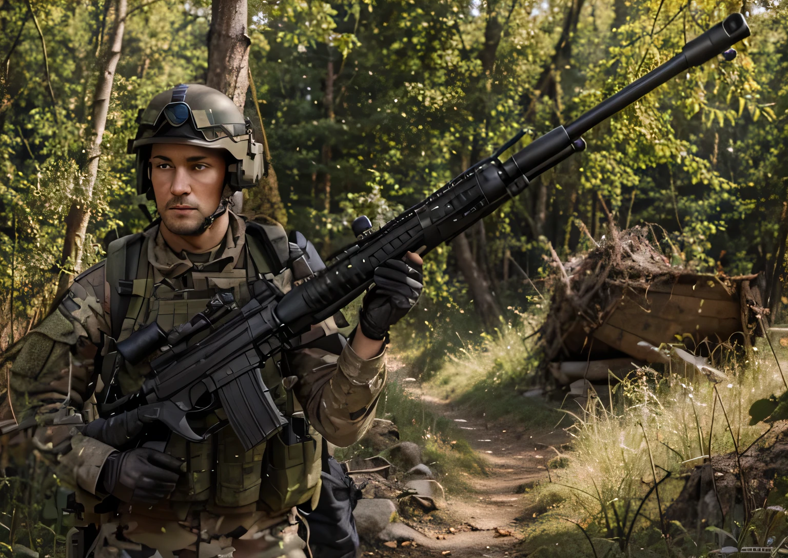 Soldado masculino, Cara alemana, uniforme militar con camuflaje con detalles verde azulado, casco militar, tactical glasses, chaleco antibalas, lleva un walkie talkie, manos enguantadas, sostiene un rifle de francotirador pesado y grande, Tactical Backpack, It's a German forest., Mucho fuego, humo, escombros, 4k, Ultra detallado image, realista, Altamente detallado, perfect composition, splendid, Intrincadamente detallado, Incredibly detailed, 8 k artistic photography, hiper detallado, Obra maestra, Ultra detallado, Hyper realista, 4k, Ultra detallado image, realista, Altamente detallado, perfect composition, splendid, Intrincadamente detallado, Incredibly detailed, 8K fine art photography, hiper detallado, Obra maestra