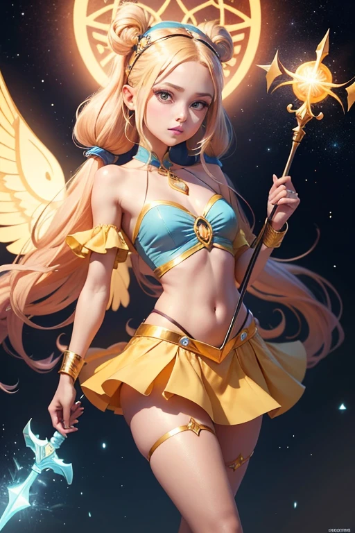 Stella is a lightly tan-skinned young girl with long blonde hair that stops below her waist and golden amber eyes. Stella's Winx fairy form outfit consists of a sparkling orange, one-shoulder gypsy crop top and short shorts, with knee-high high-heeled boots of the same color. She wears her hair in two pigtails with orange tube ties. She also wears light blue forearm-length wrist cuffs and a headband of the same color. Her wings are three leaflets with the color of powder blue inner leaflets with teal tips. On her left ring finger she wears the ring of solaria, a cyan blue ring with a sun-shaped circle. Same goes with the scepter form, except it is now much bigger and instead of a ring it is long staff with the sun-shaped circle being on its top. In the Nickelodeon version, her wings are less opaque, gain glitter on the inside and a glowing yellow aura on the outside. Her top also no longer has the small gap on her shoulder strap. The ring of solaria has been redesigned as well. It is still cyan blue but now instead of a sun-shaped circle it has six orange jewel spheres on top - one in a middle and other five around it forming a pentagon. While transformed in a scepter it has a cyan blue sphere on top of it, but instead of the big wheel alike ring around it, it has six orange jewel spheres, once again - one in a middle and five around it forming the pentagon. On outside there's also five small spheres attached to the bigger ones.