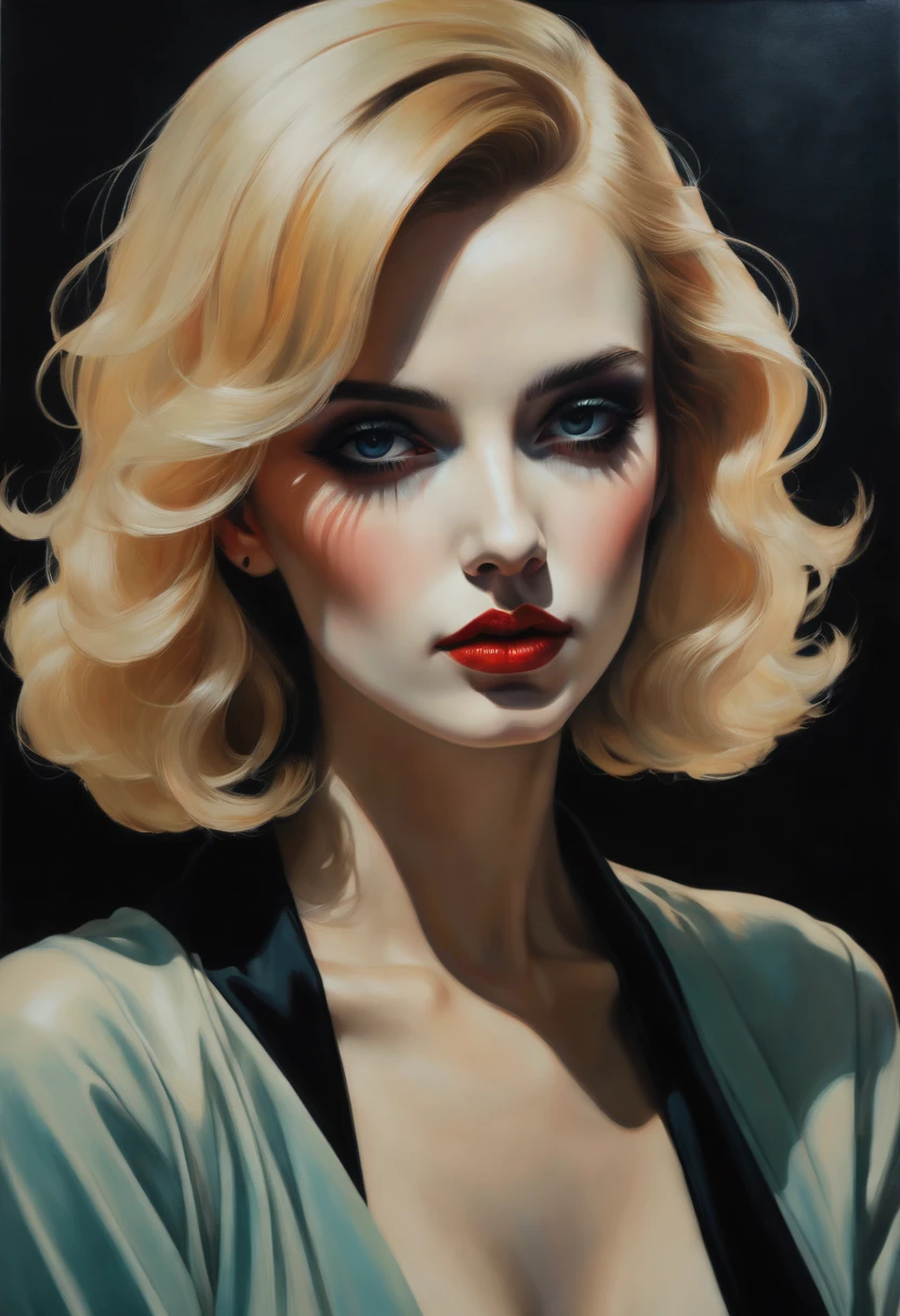 chiaroscuro technique on illustration of an elegant 1980s woman, vintage beauty, eerie, thick oil painting, by Hannah Dale, by Harumi Hironaka, extremely soft colors, vibrant, highly detailed, malcolm liepke painting, oil on canvas, high contrast, dramatic, refined, tonal, Create high contrast between light and shadow, impressive art