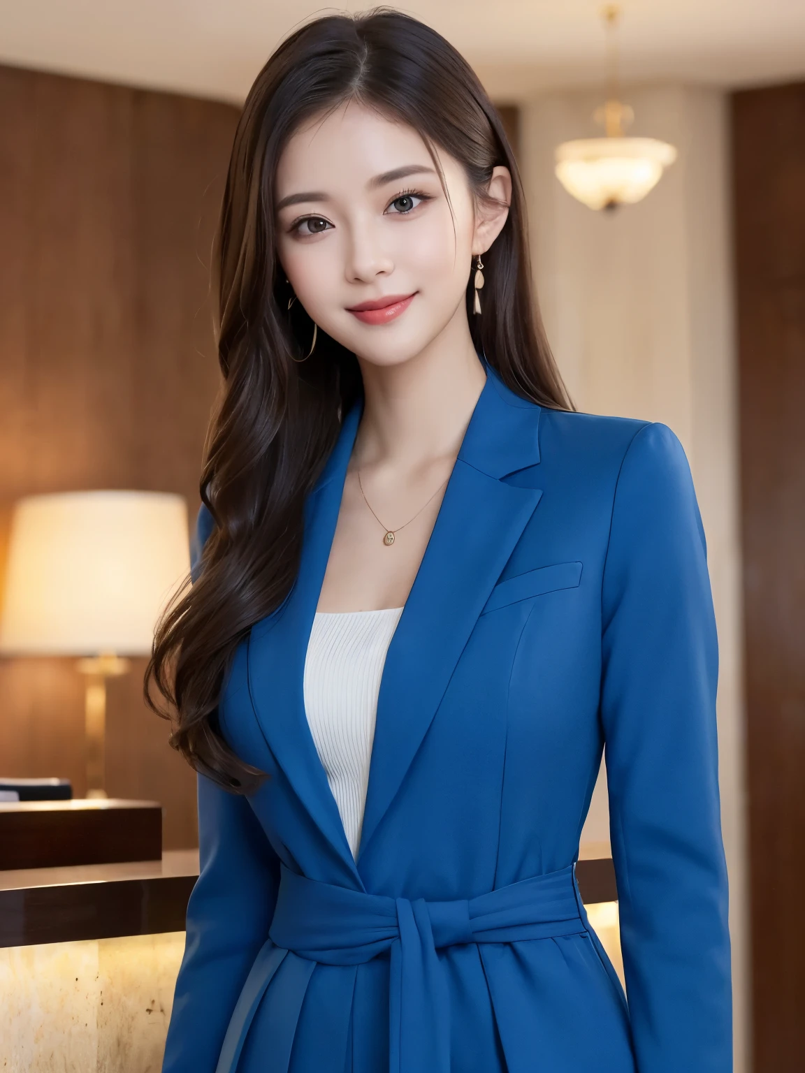 ((Top quality, 8K, Masterpiece: 1.3)), Beautiful girl, Pure, Melon face, Kind and cute, Sweet smile, Pure desire, Slender body, (Front), (Tilted head), ((Looking at camera) ), wearing a casual blue suit, skirt, long straight hair, long flowing shoulders, clear big eyes, moist red lips, sweet, standing, hotel reception background, (waist shot),