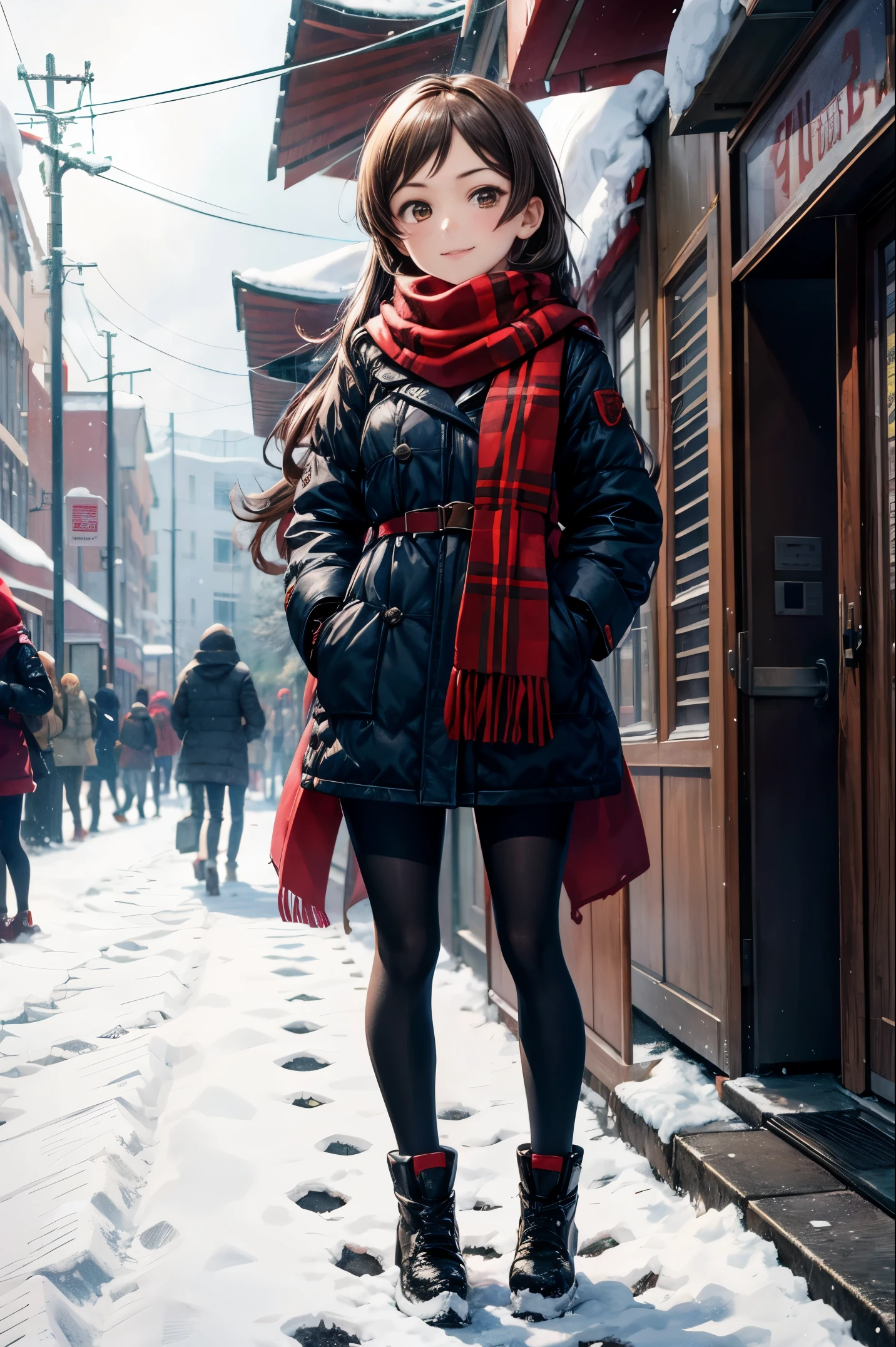 1girl, solo, winter, (full body、red long scarf, looking at viewer, center, f black hair、student clothes、smileBREAK outdoor, hill, street, people, snow, morning,
BREAK
masterpiece, best quality,