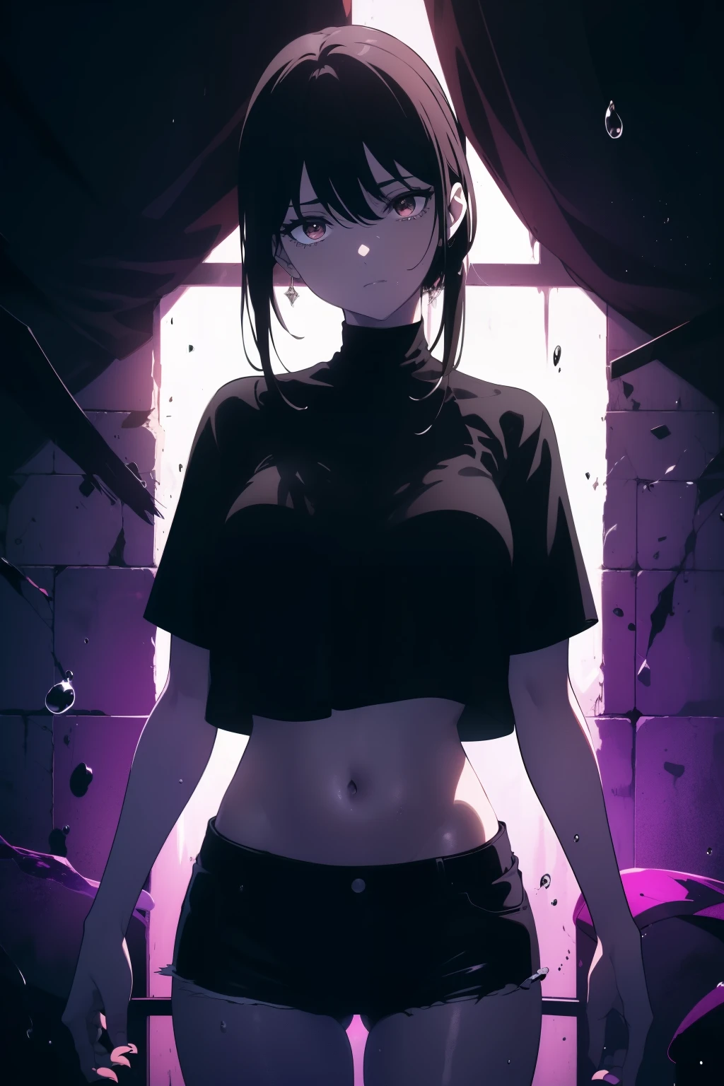 ((((Obra maestra, La mejor calidad, ultrahigh resolution)))), 1girl, happy, standing, black t-shirt, jean shortlack hair, dark black hair over eye:1), long hair cut, pale skin, ((brown eyes)), (glowing_eyes), (ultra detailed eyes:0.7, beautiful and detailed face, detailed eyes:0.9), ((centered)), ((over joyed expression)), ((wide shot)), facing viewer, (((indoor part, purple and black lights, black dancing silhouettes:0.9, rave:1))), medium breasts, looking at viewer, ((half closed eyes)), ((perfect hands)), (((head:1, arms, hips in view, elbows, thighs, in view))), ((hands at sides)), lively eyes, beautiful lighting, outside, outdoors, background, defined subject, 25 years old, (head tilt), (((cool))), ((lively)), (((splash)))