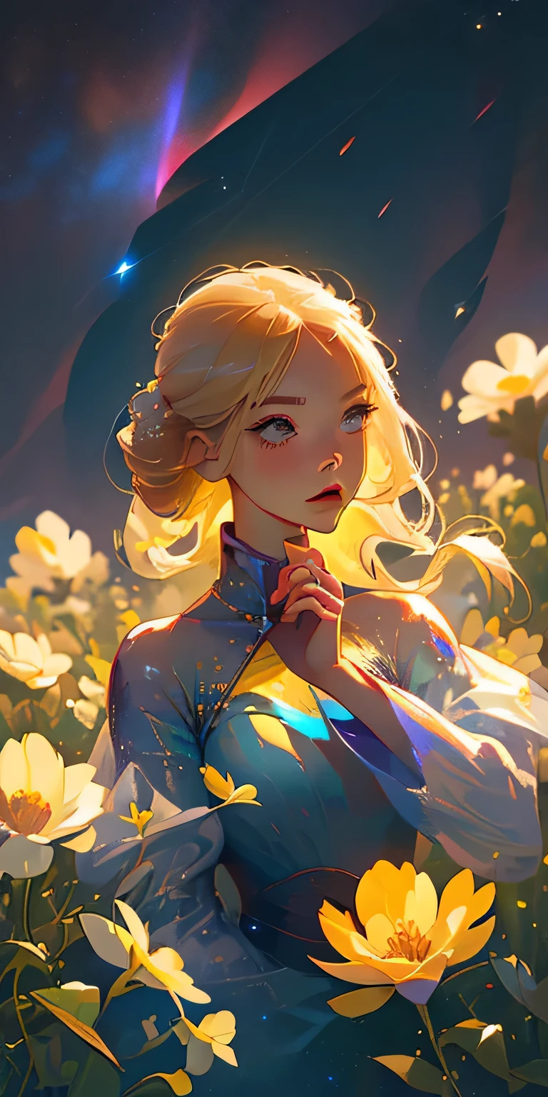(Best Quality, masutepiece), 1girl in, Pose, Particle, Wind, flower, Upper body, Background, Looking at Viewer, Blonde, Galaxy,