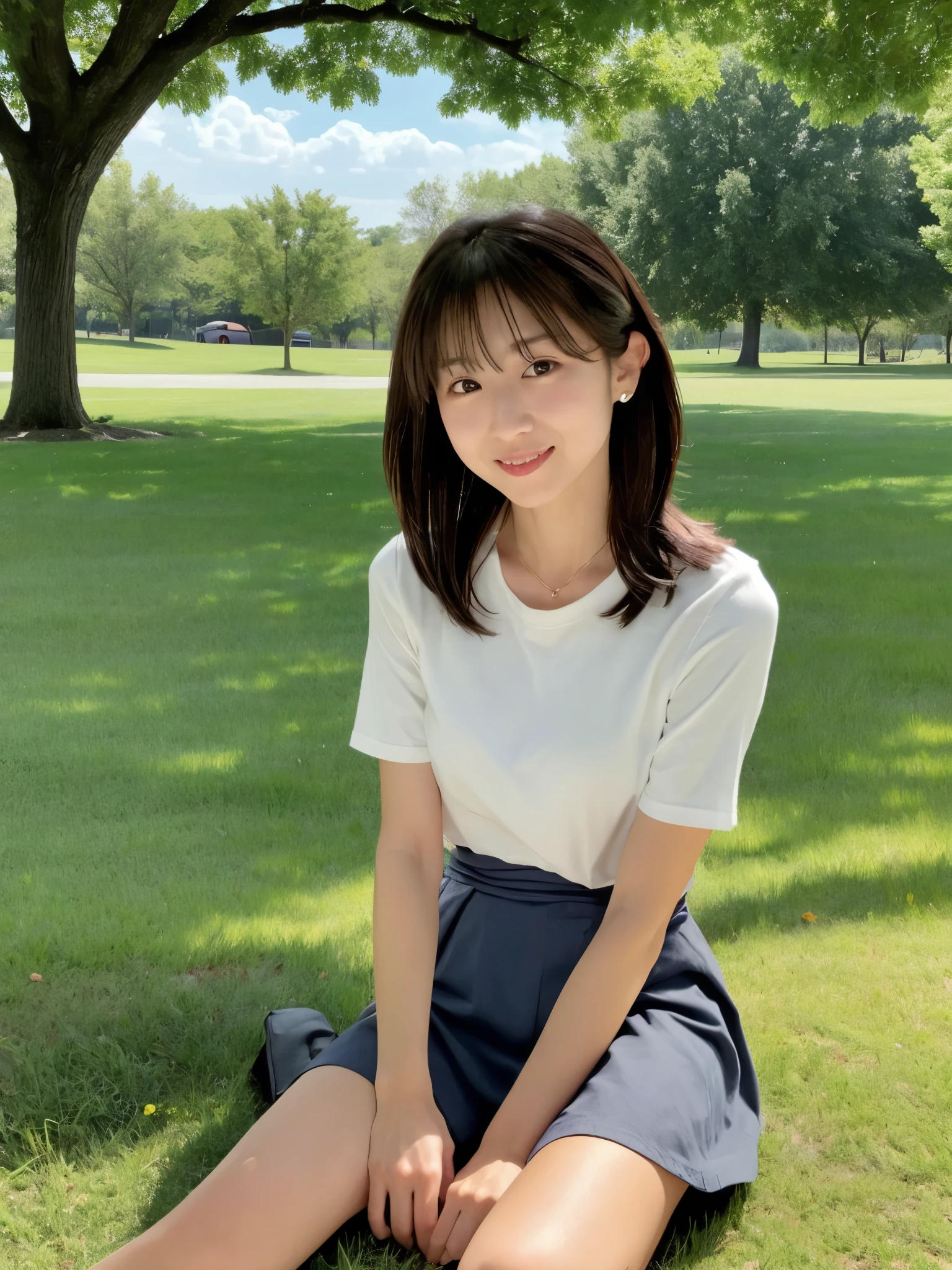 (High reality photograph, high resolusion, detailed face, detailed eyes), Japanese lady, 40 years old, various face expression, solo:1, skinny figure, medium breasts, emphasizing very thin waist, various hair style, Shirt, tight skirt, sitting on the grass in a park, full-body photo, alone in a photo