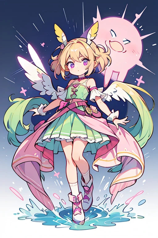 Roxy is a young girl with a slightly light skin tone. She has waist-length, pinkish-purple hair with blonde tips and dark violet eyes. Roxy's Believix consists of a light sea green, one-armed top that has two pale lavender and light pink straps holding it over her right shoulder. She also has light sea green shorts with greenish-yellow ruffles underneath and a greenish-yellow belt over them. The belt has three purple circles on it, with several pink ruffles hanging off of it. On her right arm is a light sea green, fingerless glove that reaches between her shoulder and elbow. Her shoes are lime green, platform boots with white heels and pink socks. Her hair does not change. Her wings are edged with green and dark purple on the inside. At the edges of the wings are swirled, light pink designs