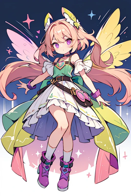 Roxy is a young girl with a slightly light skin tone. She has waist-length, pinkish-purple hair with blonde tips and dark violet eyes. Roxy's Believix consists of a light sea green, one-armed top that has two pale lavender and light pink straps holding it over her right shoulder. She also has light sea green shorts with greenish-yellow ruffles underneath and a greenish-yellow belt over them. The belt has three purple circles on it, with several pink ruffles hanging off of it. On her right arm is a light sea green, fingerless glove that reaches between her shoulder and elbow. Her shoes are lime green, platform boots with white heels and pink socks. Her hair does not change. Her wings are edged with green and dark purple on the inside. At the edges of the wings are swirled, light pink designs