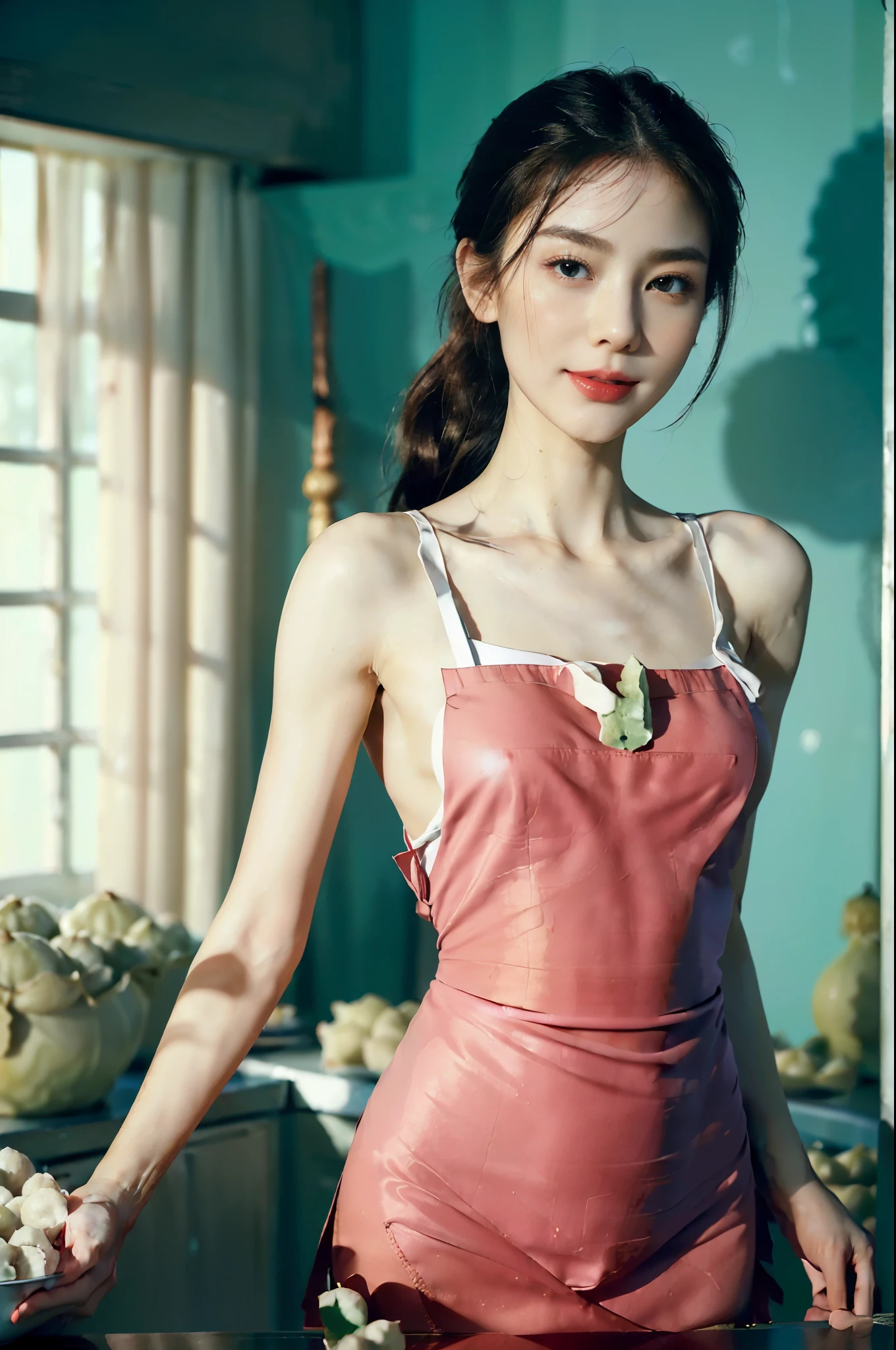 (perfect bodies: 1.1), (very short ponytail:1.1),(Extremely meticulous CG),((8k)),(wallpaper),(Extremely refined and beautiful),(masterpiece),(best qualtiy：1.0),(Ultra High Resolution:1.0），(upper body:1.3)，[A high resolution],a girl,solo,small head,small face,Exquisite makeup,(female orgasmic:1.3),(blush:1.3),red lips,happy,Smile,(Smooth and flawless fair skin:1.5),ultra - detailed,slender legs,(Small breasts:1.1),Flat chest,Slim,thin,(red apron:1.4),(white underwear:1.2),(round hips:1.3),(sharply hips:1.5),In kitchen,blue green background,standing,(from front:1.3),(Close shot:1.3),nightfall，warm light,(many dumplings on table:1.3)