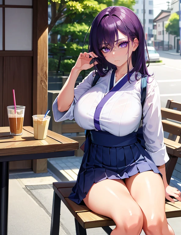 (best quality, 4k, master part :1.3), ((idol)), beautiful woman, Ultra-detailed face, Detailed lips, full lips, Detailed eyes, Double eyelidm, smooth skin, (large breasts:1.4), cyan and purple hair, pleated skirt, white shirt, leaning on a wooden table, Japanese city background in the background, drinking bubble tea, looking at you, japan street background, sitting in a cafe