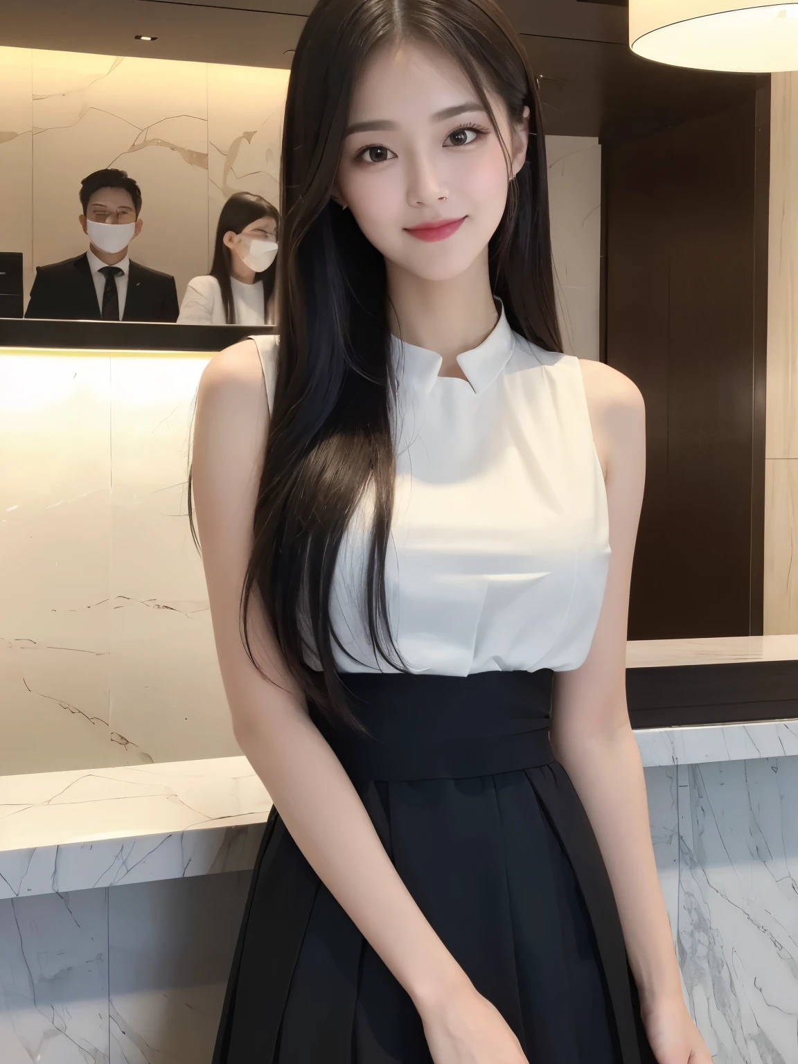 ((Top quality, 8K, Masterpiece: 1.3)), Beautiful girl, Pure, Melon face, Kind and cute, Sweet smile, Pure desire, Slender body, (Front), (Tilted head), ((Looking at camera) ), wearing a casual black suit, skirt, long straight hair, long flowing shoulders, clear big eyes, moist red lips, sweet, standing, hotel reception background, (waist shot),