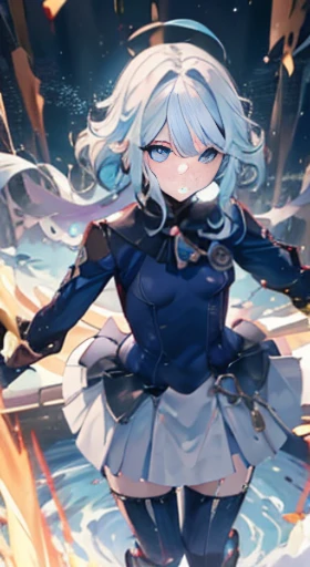 masutepiece, Best Quality,Crab crotch,leotard,highleg, Elegant, 1girl in, thigh high boots, well-muscled,Cute, blushed, Looking at Viewer, From above,, Mini skirt, White and black striped T-shirt, Blue eyes, Beautiful eyes, Beautiful background, light Particle, Sun rays, Dramatic Lighting, Outside, shiny, Realistic, masutepiece, Best Quality, Ultra-detailed, Detailed, Scenery, Beautiful detailed eyes, detailed hairs