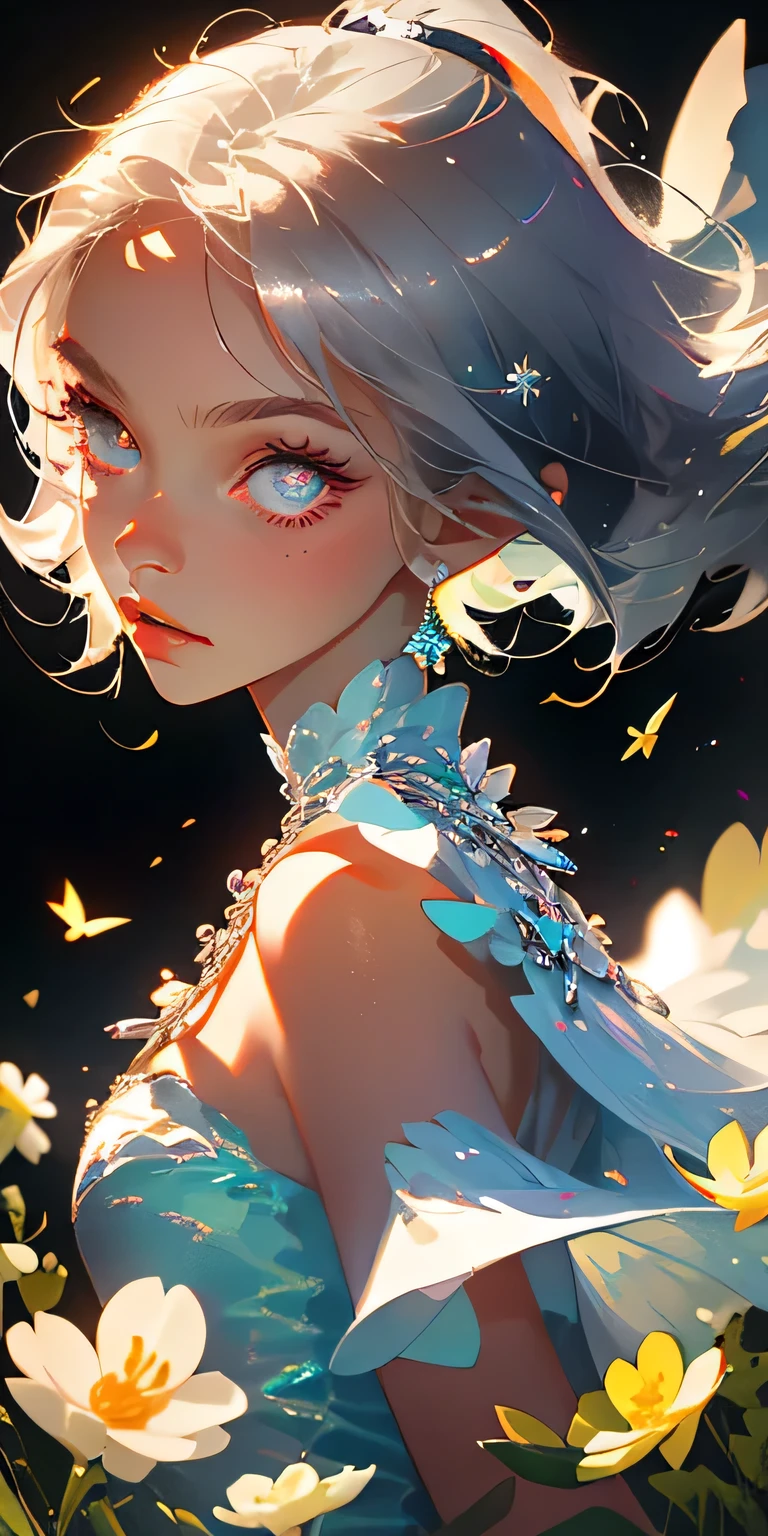 (Best Quality, masutepiece), 1 girl, Pose, Particle, Wind, flower, Upper body, Rich background, Looking at the viewer, Focus on Face, Silver hair, Silver eyes, Necklace, release, White Dress, white pupil, Multicolored wings