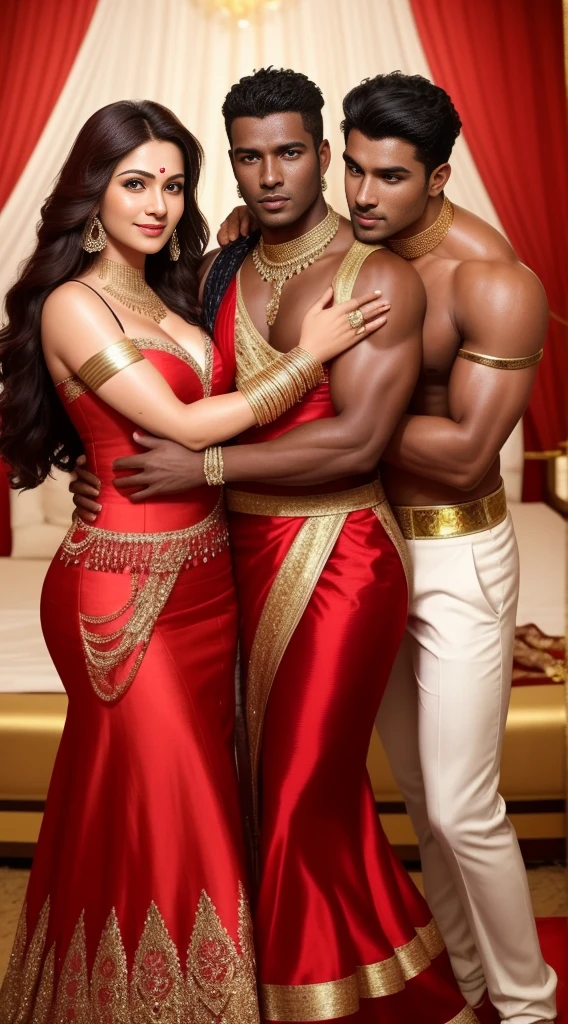 3 muscular very hary, handsome and attractive African man not wearing any shirt with sexy Indian married woman bit chubby wearing a Indian red ridal dress lengha cholli with gold jewellery and red bangles. The woman dress is wet. Both are hugging pose and there body is toward s the camera which is front. They are present on a satin bedsheet in a decorated room with rose, deep cleavage