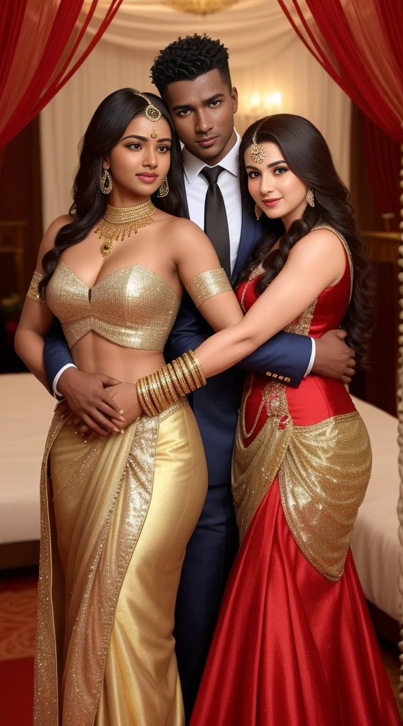 3 muscular very hary, handsome and attractive African man not wearing any shirt with sexy Indian married woman bit chubby wearing a Indian red ridal dress lengha cholli with gold jewellery and red bangles. The woman dress is wet. Both are hugging pose and there body is toward s the camera which is front. They are present on a satin bedsheet in a decorated room with rose, deep cleavage