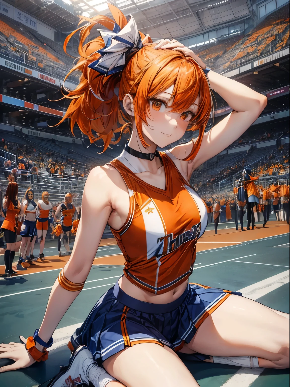 Create an image for me of a beautiful athlete with copper-colored hair and a sports uniform where the top is orange with black stripes and the bottom is black with orange stripes. She should be well-centered in the middle of the scene on an athletics track.