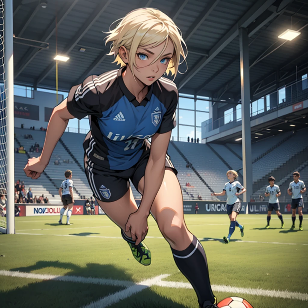 A sexy girl playing football,soccer court, short blond hair, ligh blue eyes, newcastle jersey, (((masterpiece))), best quality, Correct scale, ultimate detail, illustrations, ultra high definition