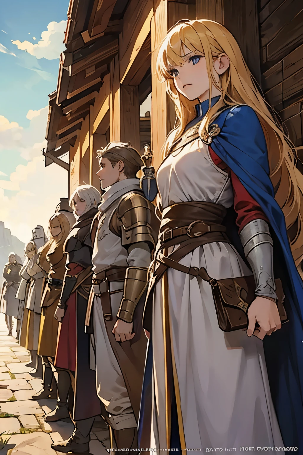 game characters lined up, legendary heroes, looking at you, game cover, D&D RPG style, medieval fantasy.
