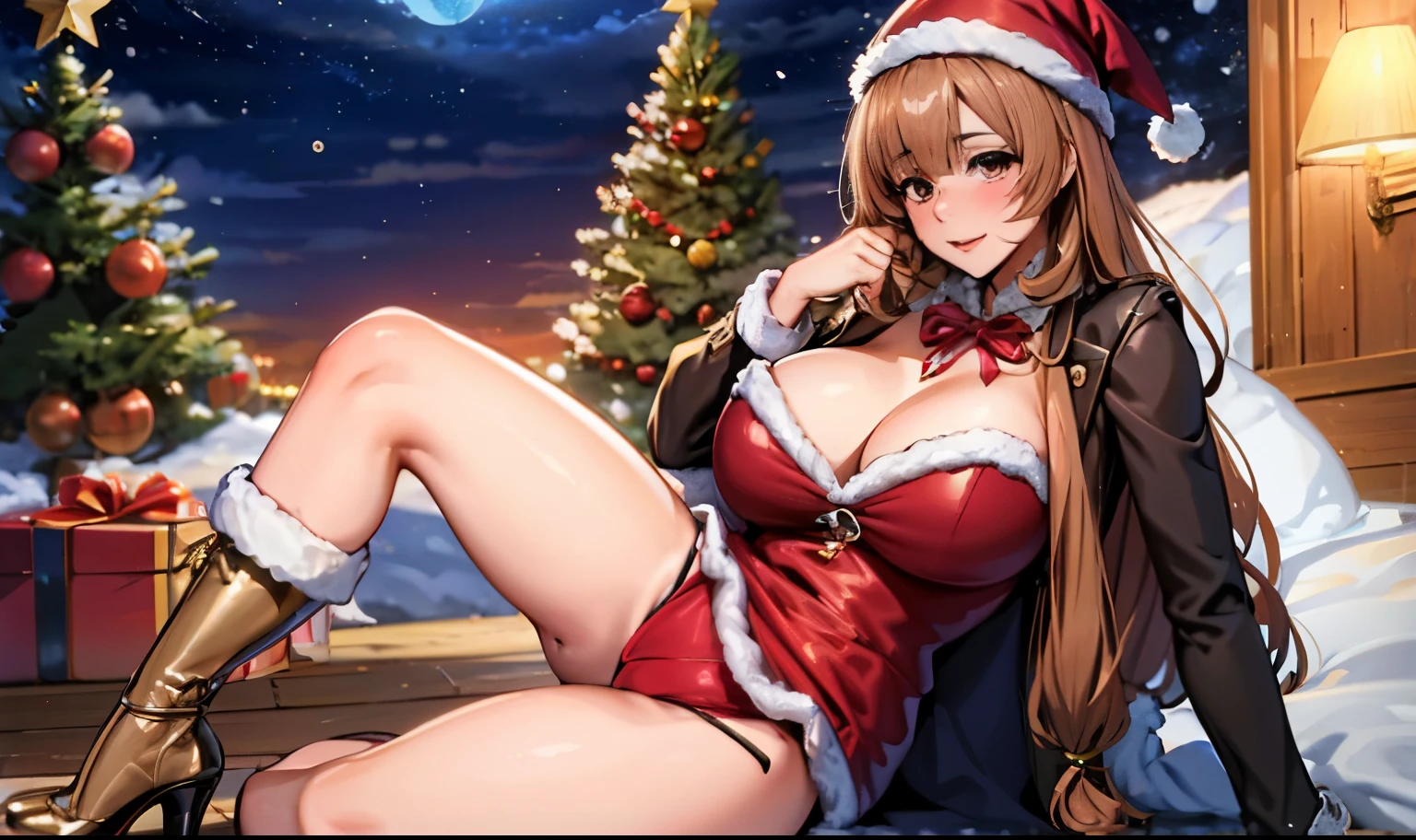 ((Obra maestra, La mejor calidad)), joven, Raphtalia, Lindo, adorable, 1girl, solamente, Cabello largo, Mirando al espectador, brown hair, ojos rojos, Orejas de animales, pelusa, Chica mapache, Cola de mapache, luciendo feliz, happy face expression, cuerpo completo , grandes tetas, gran trasero, voluptuoso, piernas abiertas , pose sexy , escote , Christmas hat , Christmas Clothes, nieve , christmas lingerie, christmas coat , christmas stockings , christmas heels