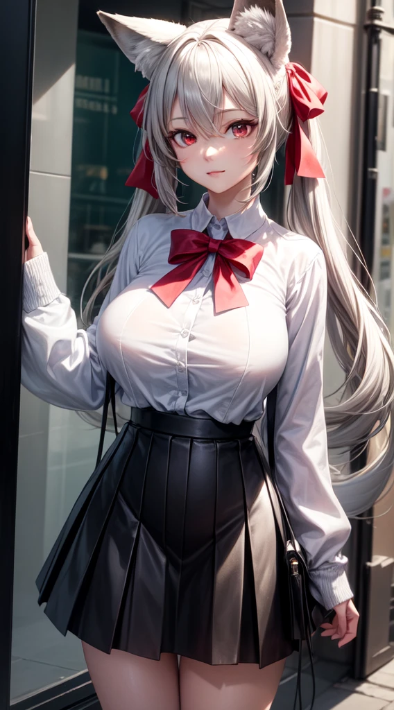 (Masterpiece3.0, best quality2.0, 8k anime film, ultra realistic detailed lively,photography)📸,grey hair, long hair, twintails, bangs, hair between eyes, animal ears, fox ears, animal ear fluff, red eyes, tail, fox tail, virtual youtuber,grey hair, long hair, twintails, bangs, hair between eyes, animal ears, fox ears, animal ear fluff, red eyes, tail, fox tail, virtual youtuber, shirt, white shirt, long sleeves, sleeves past wrists, bow, hair bow, red bow, ribbon, skirt, pleated skirt, black skirt,milfication, mature female, gigantic breasts