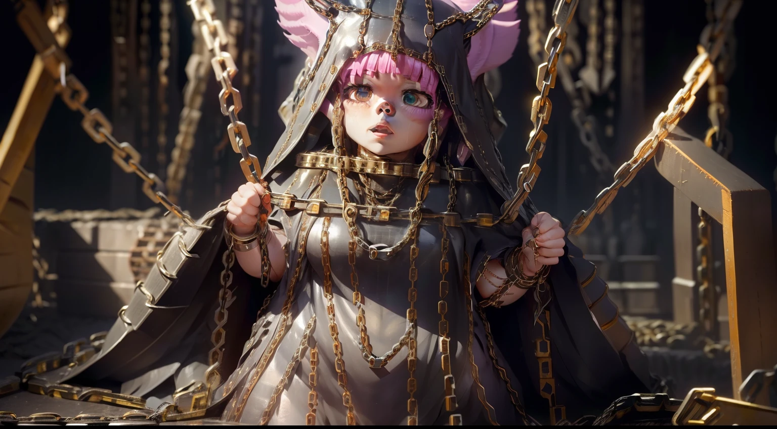 Retratou um monstro de corrente empunhando uma corrente、Um monstro que combina arrepio e beleza、(She's covered in chains:2.0)、Shines like a spark、frio、Atrocidade、Cruel、angry expressions、Correntes se contorcendo como criaturas vivas、Luz no escuro、(corpo inteiro:1.5)
