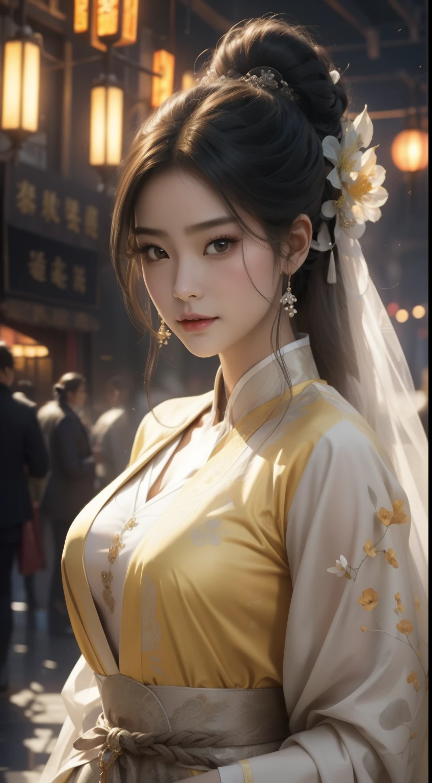 (best qualtiy,tmasterpiece:1.2),超高分辨率,realisticlying,Front lighting,Complicated detailquisitedetailsandtextures,(1girll),独奏,The upper part of the body,Yellow Hanfu,Petal pattern,Nice big eyes,Yellow dreseauitful face,facing to audience,Streamers,gossamer,(年轻),Facial highlights,Detal Face,tear-mole,white skinned,Silvery hair,High ponytail,looking at viewert,largeeyes,(Openwork pattern),耳Nipple Ring,slimfigure,white backgrounid,correct hand,profesional lighting,photon maping,Radio City,physically-based renderingt