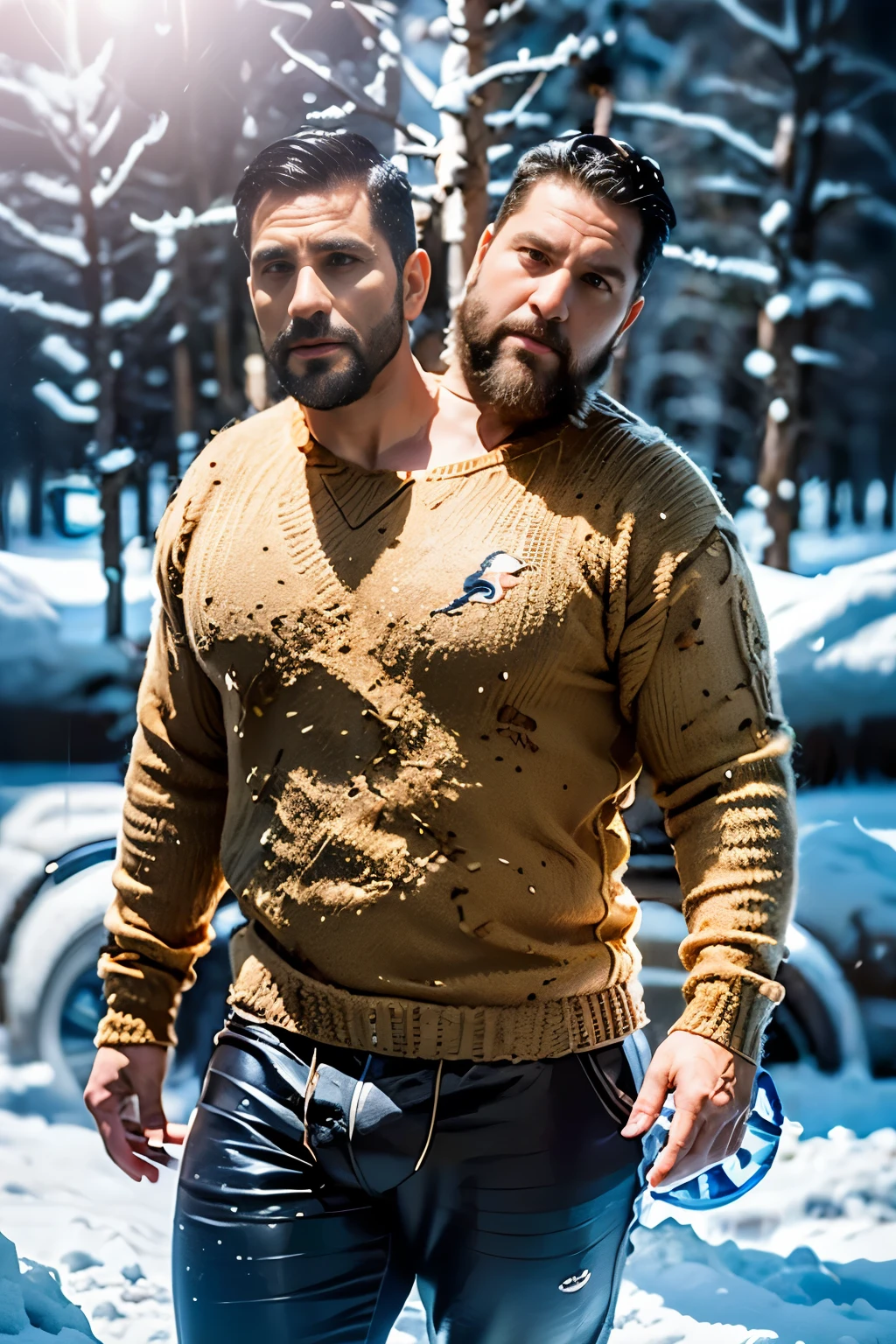 1man, ((:1.5)), 40 years old, (male featurerunette, bears, stubble, fat, middle aged, shared oversized low cut sweater, big ,chubby,overweight,plump,boot,hood,((beard)),snow,posing in front of a frozen forest in alaska as a sasquatch walks by in the background,cold,frozen, winter, yoga pantig bulge)))) , pensive, 8k, photography, realistic, Swedish, conjoined dicephalus, no more than two heads,((( a dinosaur roams in background))), (((2heads)))