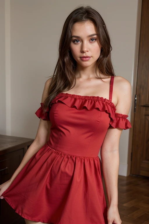 Young woman with fair skin, adorned with freckles on her cheeks, Full body photography, displays an athletic figure while wearing a realistic red dress. The ultra-realistic photograph, taken with a high-fidelity camera, captures every intricate detail of her skin texture, the vibrant color and natural curls of her red-brown hair, and the captivating depth of her brown eyes. Her curly locks cascade down in luscious waves, each strand shimmering under the soft, natural light. The freckles on her cheeks add a charming touch to her flawless complexion, giving her a youthful and playful look. Her short red dress glued to her body